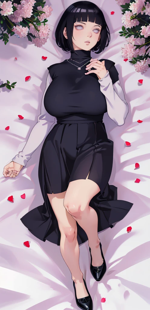 { -  error} (Masterpiece - Ultra-detailed, very high resolution) (huge titusty, masterpiece, absurdres, hinata\(boruto\), 1girl, solo,mature female, lilac turtleneck blouse, high waist black short skirt, looking at viewelling petals), perfect composition, detailed lips, big breast, beautiful face, body propotion, blush, (pink lips), short hair, (black hair), purple eyes, soft gaze, super realistic, detailed, photoshoot, realistic face and body, closed mouth, dancing ligthly , lilac eyes, full body, lace clothes, with chin resting on shoulder, perfect fingers