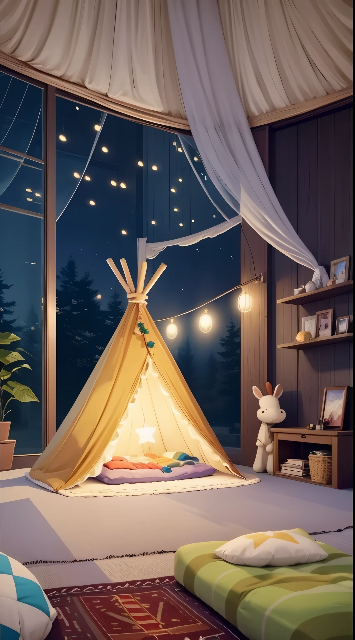 a teepee sitting on top of a rug next to a window, mihoyo art style, fairy lights, date, cozy bed, gold raining in the background, full photo, ((((library interior)))), west slav features, victor, room, 2 d cg, beds, he is at camp, full image, 5 th floor, anime style, studio ghibli, kawai chibi, anime