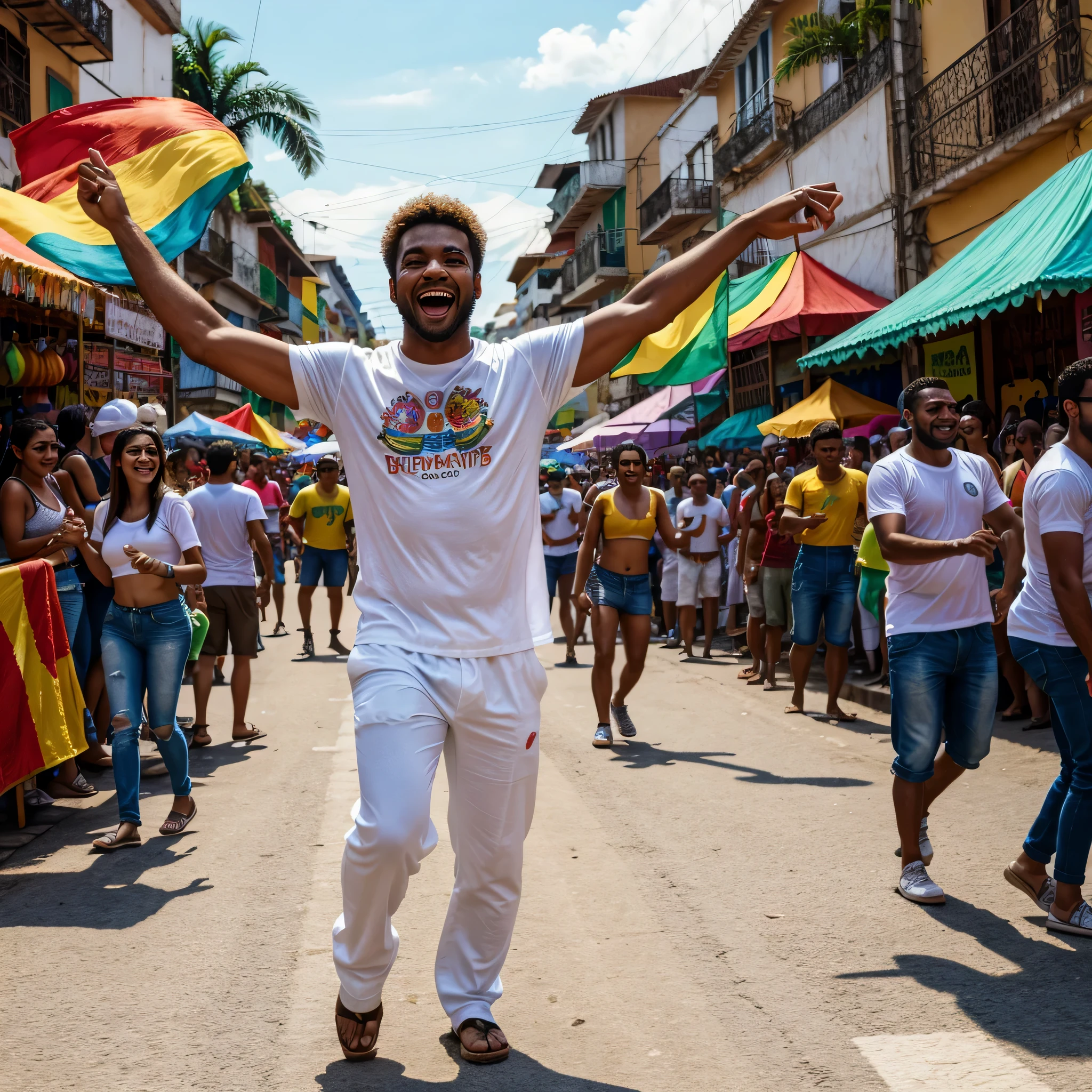 Realistic image. A man having fun at a street carnival in Brazil, wearing a white T-shirt. Dancing full-length. General shot. Cheerful and colorful scenery.