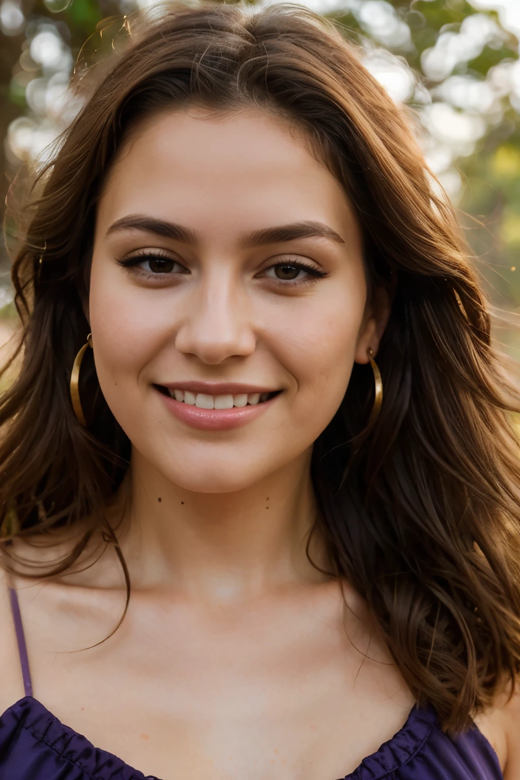 photorealistic, best quality, hyper detailed, natural amateur photo, 8k, selfie, close up, beautiful slim young woman, face selfie, glamorous makeup, blow-dried and curled brown hair, wearing a purple evening dress, fully dressed, sweetest smile, outdoors,golden hour, (focused), skin texture , ultra high res, best shadow, RAW, instagram LUT