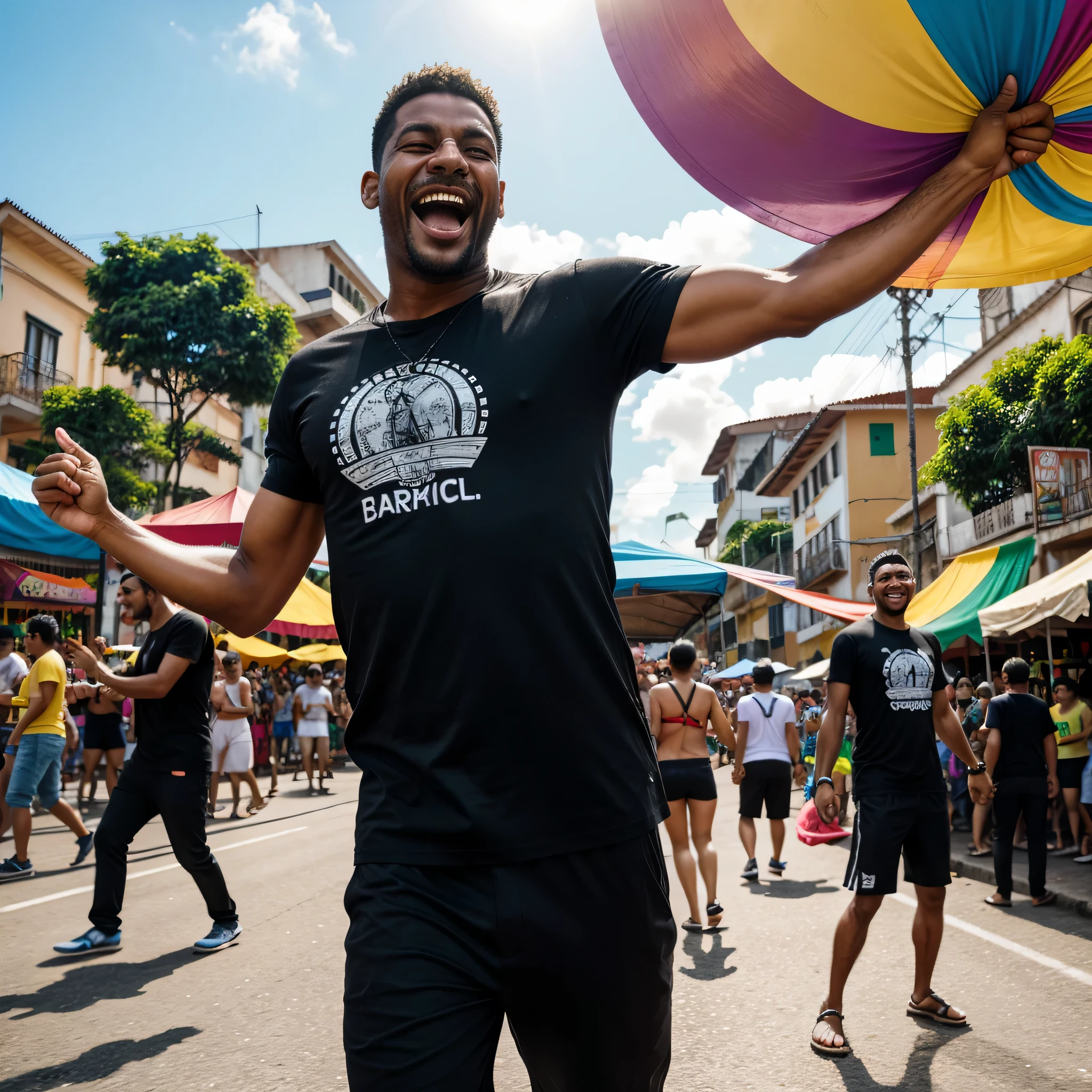 Realistic image. A man having fun at a street carnival in Brazil, wearing a black T-shirt. Dancing full-length. General shot. Cheerful and colorful scenery.