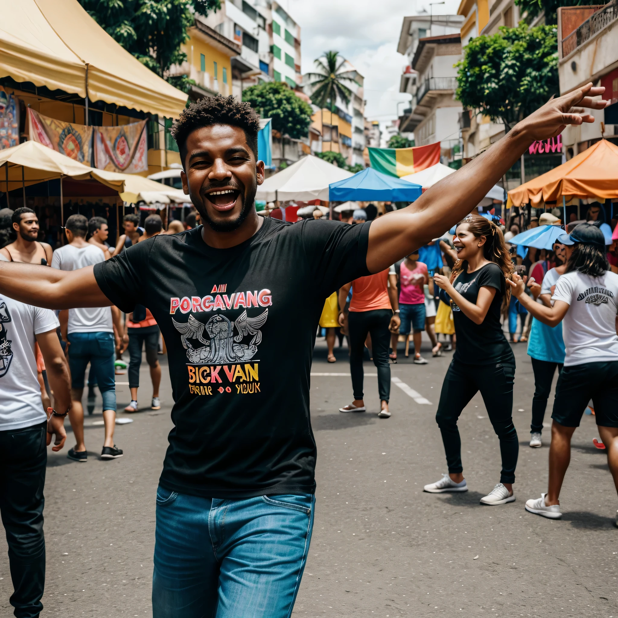 Realistic image. A man having fun at a street carnival in Brazil, wearing a black T-shirt. Dancing full-length. General shot. Cheerful and colorful scenery.