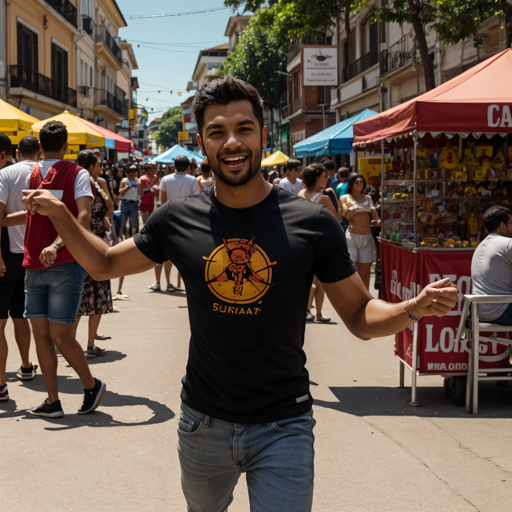 Realistic image. A man having fun at a street carnival in Brazil, wearing a black T-shirt. Dancing full-length. General shot. Cheerful and colorful scenery.