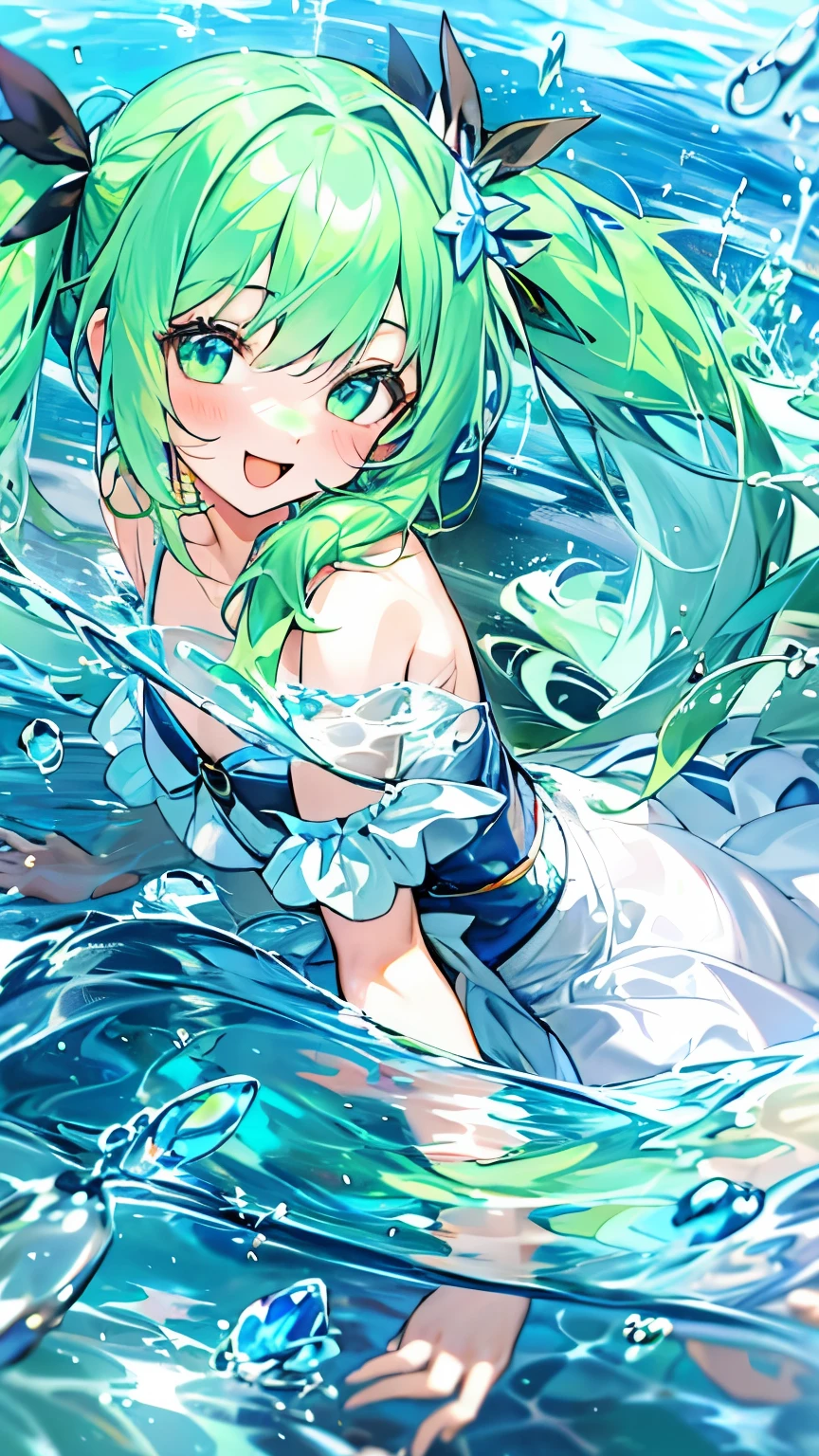 1girl, solo, hair ornament, green hair, twintails, long hair, dress, water