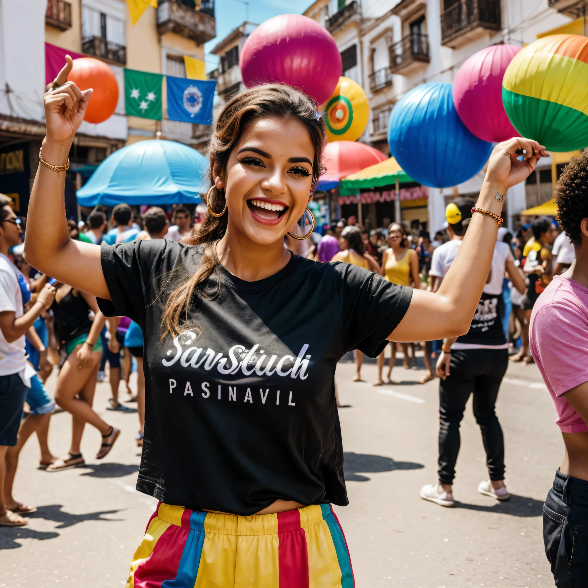 Realistic image. A woman having fun at a street carnival in Brazil, wearing a white T-shirt. Dancing full-length. General shot. Cheerful and colorful scenery.