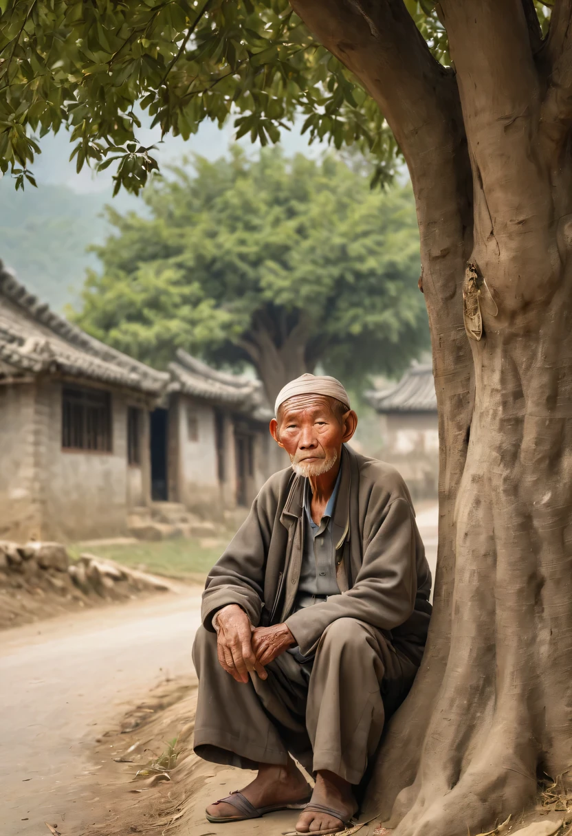 Portrait of the old man under the tree at the entrance of the village,Expectant eyes,looking at the road in the distance,Rural China