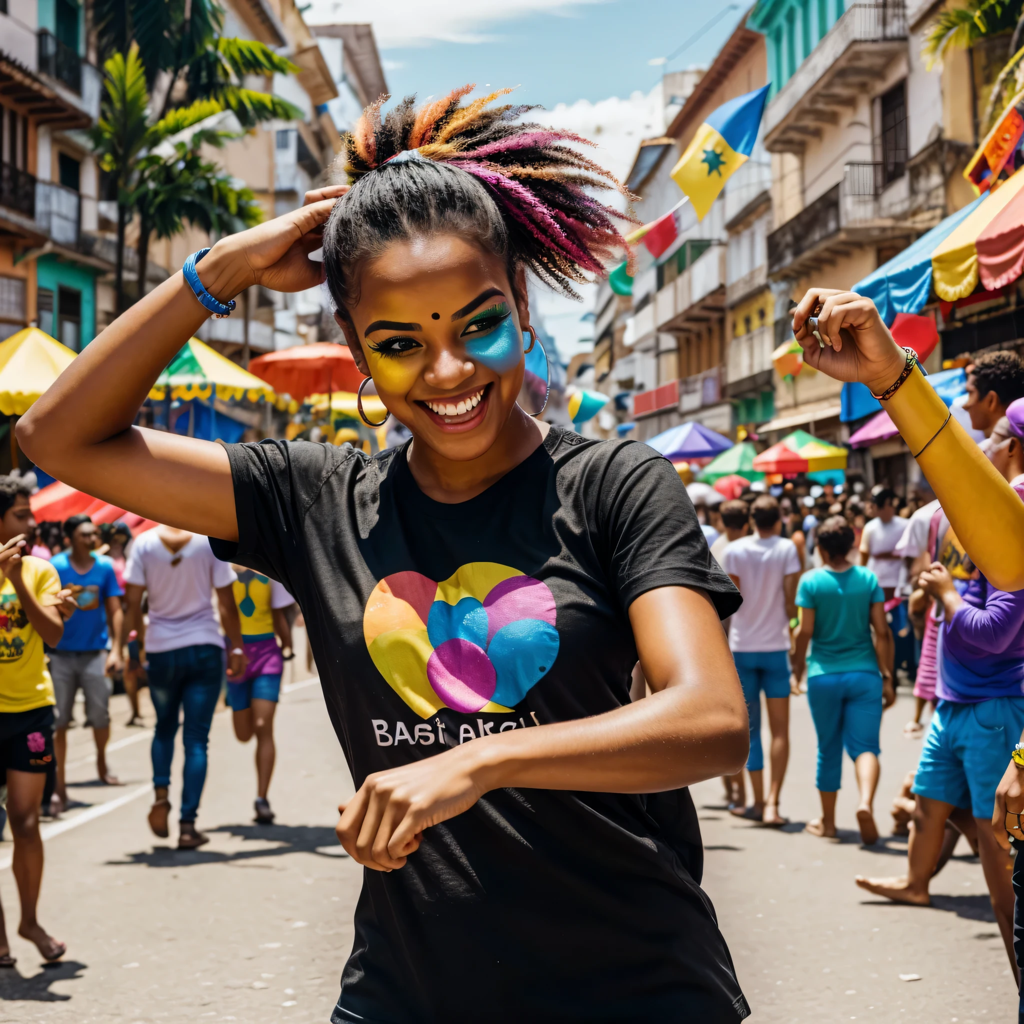 Realistic image. A person having fun at a street carnival in Brazil, wearing colorful make-up and a black T-shirt. Dancing full-length. General shot. Cheerful and colorful scenery.
