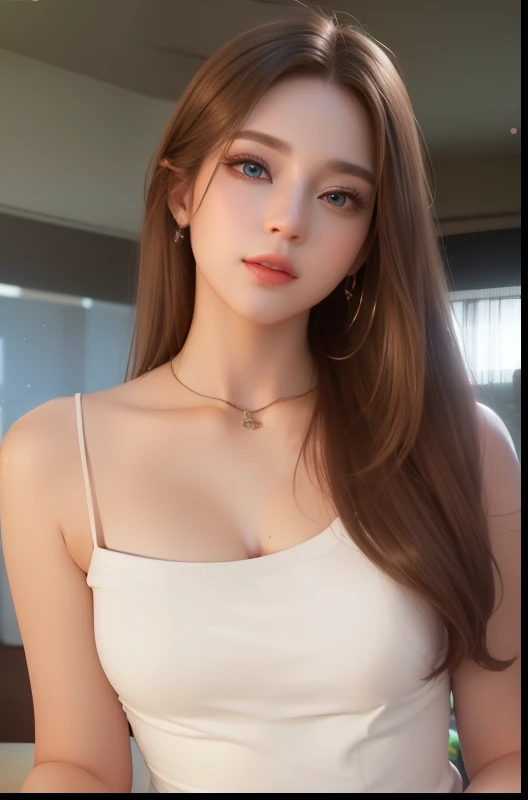 Beautiful big breastokeh), indoors, detailed luxury living room, gentle and charming beautiful goddess, Korean(kpop-idol), solo, necklace, oval face, double eyelids, smart, good hands, good feet, Natural, (from below angle), (glossy skin:1.05), ((low angle)), Perfect figure, (64k, UHD, RAW photo, best quality, masterpiece:1.4), (realistic, photo-realistic:1.37), ultra high res, photon mapping, radiosity, physically-based rendering, professional soft lighting, blue eyes, purpel hair