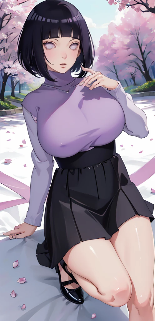{ - anatomy error} (Masterpiece - Ultra-detailed, very high resolution) (huge titusty, masterpiece, absurdres, hinata\(boruto\), 1girl, solo,mature female, lilac turtleneck blouse, high waist blackmedium skirt, looking at viewelling petals), perfect composition, detailed lips, big breast, beautiful face, body propotion, blush, (pink lips), short hair, (black hair), purple eyes, soft gaze, super realistic, detailed, photoshoot, realistic face and body, closed mouth, walking on the floor , black shoes, lilac eyes, full body, perfect fingers