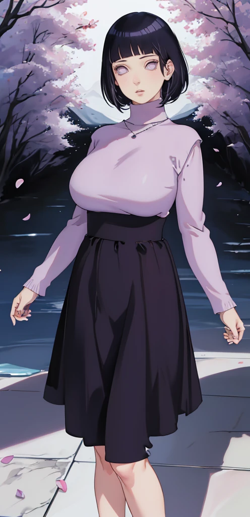{ - anatomy error} (Masterpiece - Ultra-detailed, very high resolution) (huge titusty, masterpiece, absurdres, hinata\(boruto\), 1girl, solo,mature female, lilac turtleneck blouse, high waist blackmedium skirt, looking at viewelling petals), perfect composition, detailed lips, big breast, beautiful face, body propotion, blush, (pink lips), short hair, (black hair), purple eyes, soft gaze, super realistic, detailed, photoshoot, realistic face and body, closed mouth, walking on the floor , black shoes, lilac eyes, full body, perfect fingers