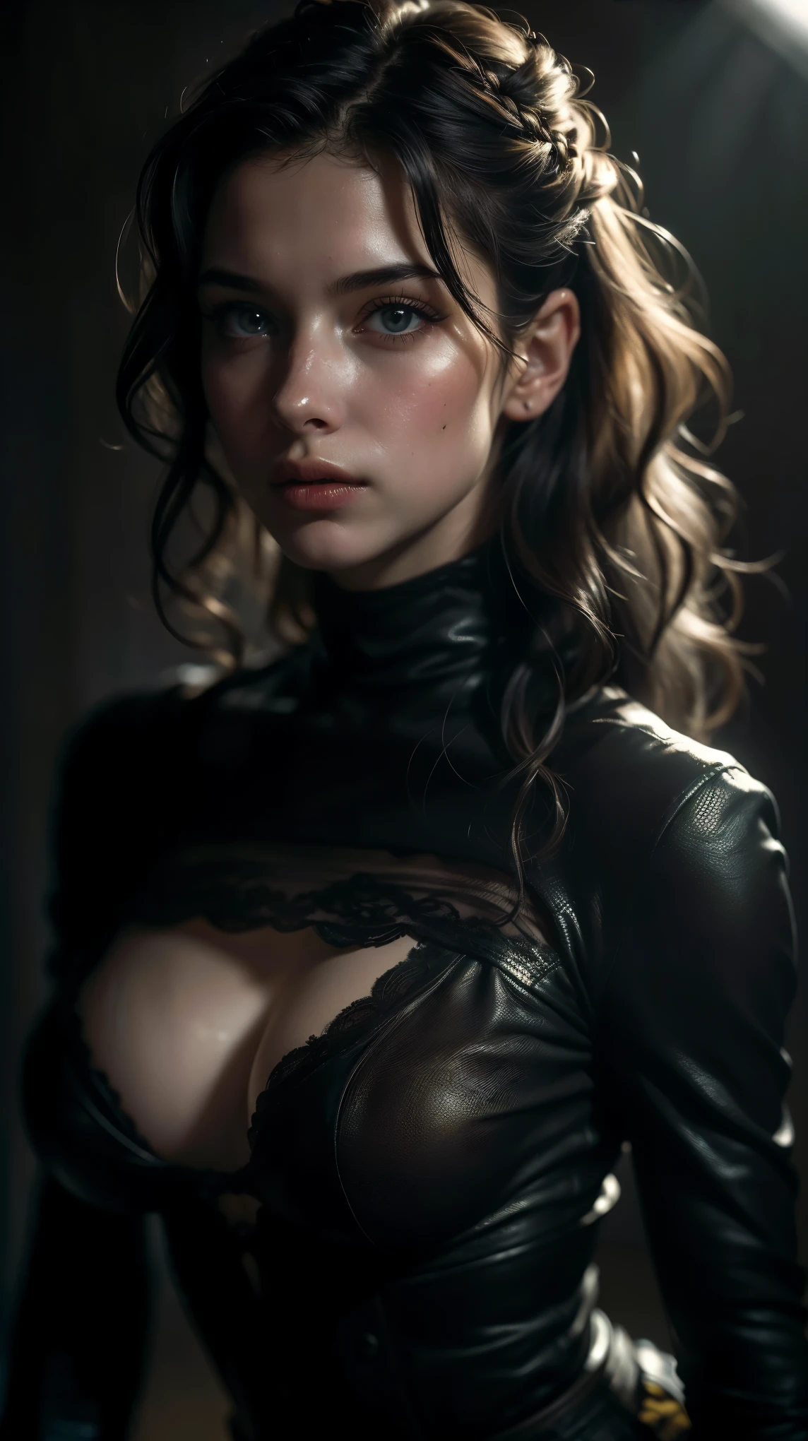 (((ultra realistic))) Photo, masterpiece, top quality, (pale skin), (Ultra detailed face and eyes:1.2), Bright eyes, 1 adult girl, brassiere, Dark background, (Eye makeup, mascara) , ((Dark wavy hair)) , ((Stylish hairstyle)) , (Natural breasts), (A slight smile), ((Posing)), photoshoot, studio (Contour lighting), (The play of light and shadows), depth of field, bokeh, (special attention to skin detail: 1.2), Detailed leather texture, skin pores, ((Dark and gloomy atmosphere of the frame. color scheme - black, Gray, Ashen, yellow tones)), ((Film grain, VHS effect)), ((rays)) , ((waist up portrait, close to the camera)) , ultra detialed,