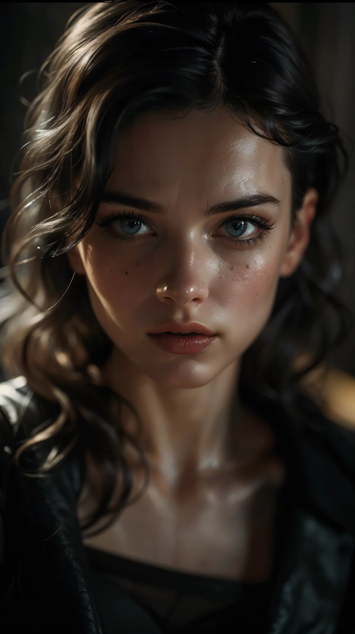 (((ultra realistic))) Photo, masterpiece, top quality, (pale skin), (Ultra detailed face and eyes:1.2), Bright eyes, 1 adult girl, brassiere, Dark background, (Eye makeup, mascara) , ((Dark wavy hair)) , ((Stylish hairstyle)) , (Natural breasts), (A slight smile), ((Posing)), photoshoot, studio (Contour lighting), (The play of light and shadows), depth of field, bokeh, (special attention to skin detail: 1.2), Detailed leather texture, skin pores, ((Dark and gloomy atmosphere of the frame. color scheme - black, Gray, Ashen, yellow tones)), ((Film grain, VHS effect)), ((rays)) , ((waist up portrait, close to the camera)) , ultra detialed, 