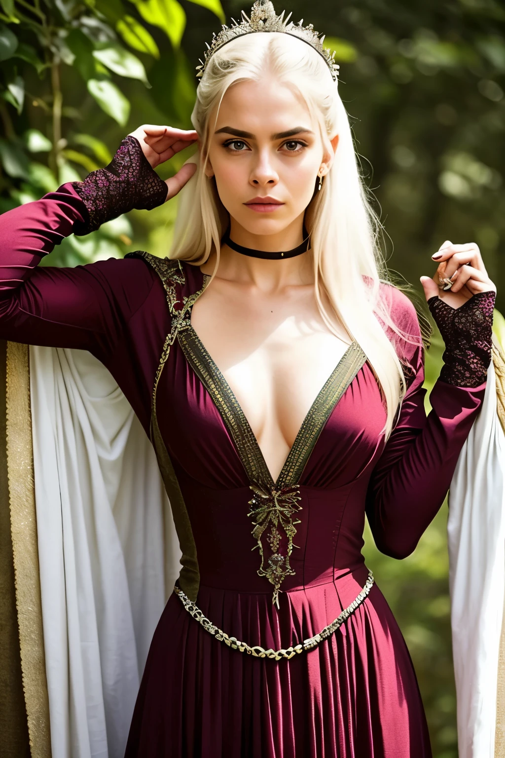 [Cara Delevingne] como [Daenerys targaryen] as a real life version of (Daenerys targaryen), Targaryen white hair, with (sexy dress), (sexy neckline), charming smile, olhos perfeitos, Beleza perfeita,olhos perfurados ,obra de arte, linda mulher, Rainha, Princesa de Pedra do Dragão, melhor qualidade, um pequeno, beleza charmosa, uma mulher cativante, aparência atraente, beleza inigualável, a A Guerra do Tronos-inspired costume, Um close-up de uma mulher da Idade Média, Cena de "A Guerra do Trono," decote profundo, princesa guerreira, Corpo saudável, Figura atraente, estilo de "A Guerra do Trono," bela moça, linda mulher, roupas medievais, mulher deslumbrante, 8k, detalhes insanos, vestido feito de roupas e joias, cabelo perfeito, cabelo penteado, Olhos de alta clareza, mãos perfeitas, dedos perfeitos, olhos perfeitos, Ultra realistic, highly detailed intricate, photorealistic style photography, sharp focus on the eyes, cinematic lighting, Best quality, a small, charming Beauty, a captivating woman, fully ripen, alluring appearance, unrivaled beauty, mediaeval erotic costumes, a Game of Thrones-inspired costume, a close-up of a woman from the middle ages, scene from "Game of Throne," deep cleavage, warrior princess, attractive figure, mediaeval clothes, stunning woman, 8K, insane details, perfect hands, perfect fingers, perfect eyes
