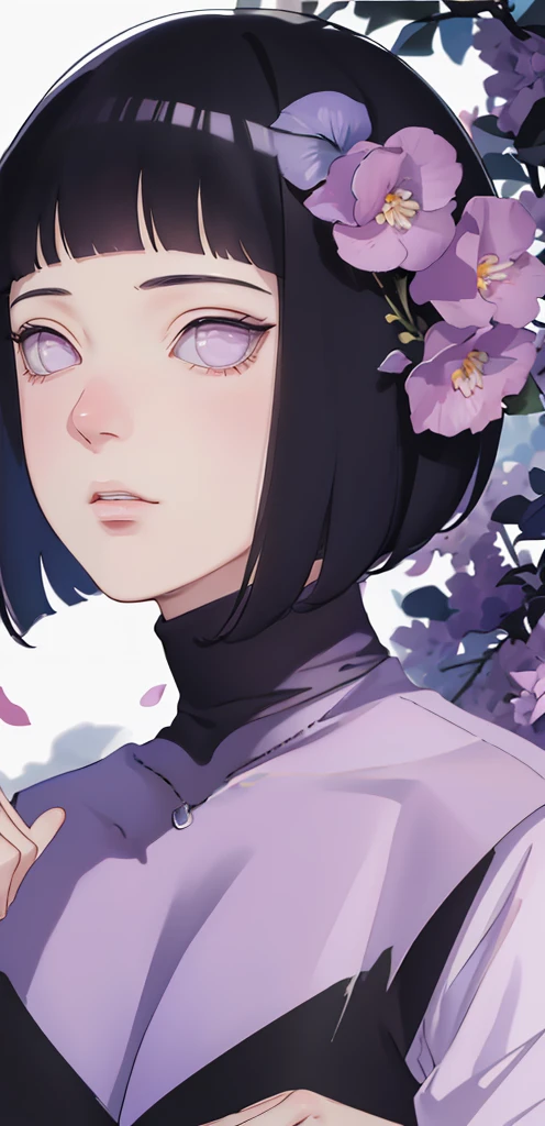 { - anatomy error} (Masterpiece - Ultra-detailed, very high resolution) (huge titusty, masterpiece, absurdres, hinata\(boruto\), 1girl, solo,mature female, lilac turtleneck blouse, high waist blackmedium skirt, looking at viewelling petals), perfect composition, detailed lips, big breast, beautiful face, body propotion, blush, (pink lips), short hair, (black hair), purple eyes, soft gaze, super realistic, detailed, photoshoot, realistic face and body, closed mouth, walking on the floor , black shoes, lilac eyes, full body, perfect fingers
