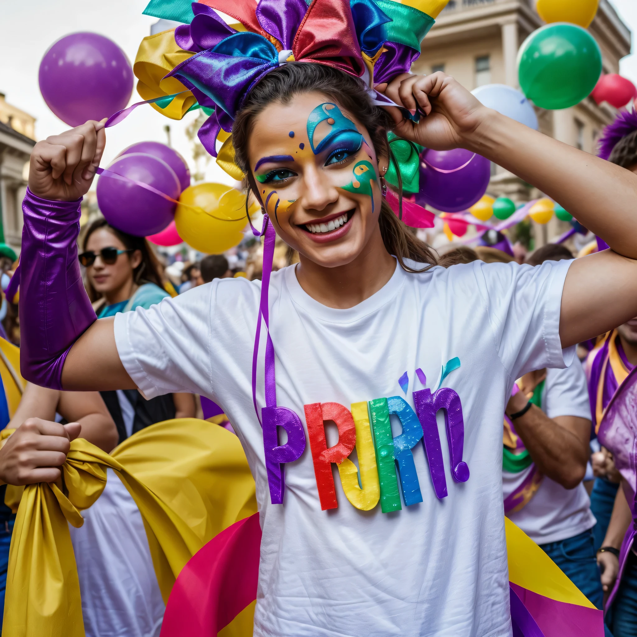 Realistic image. A person having fun at a street party called mardi gras wearing colorful make-up and a white T-shirt. Ribbons and colored paper falling.