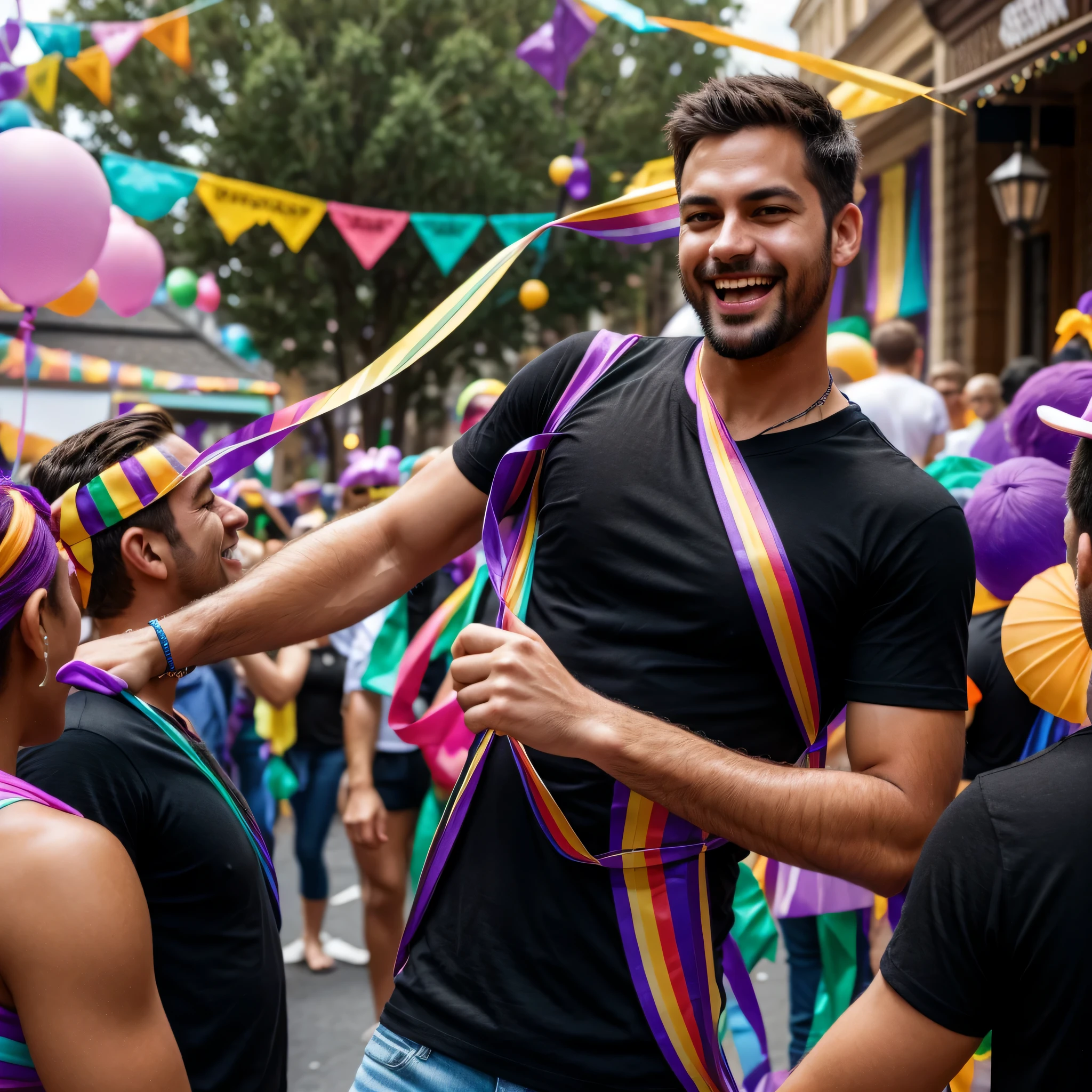 Hyperrealistic image. A man having fun at a street party called mardi gras wearing a plain black T-shirt with no print or adornment. American shot, showing from the waist up. Ribbons and colored paper falling behind the person. A cheerful carnival scene.