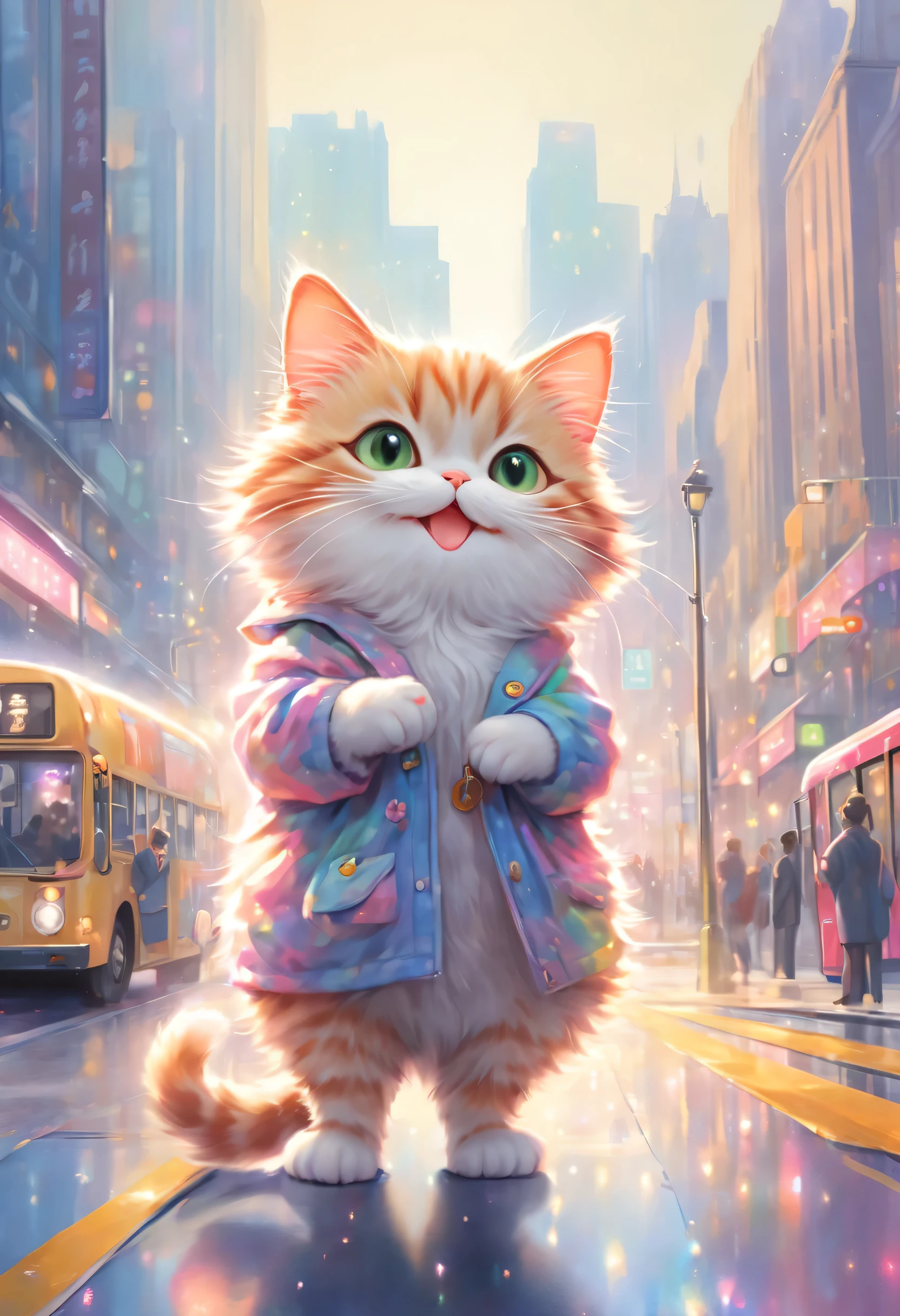 anthropomorphic cat,minuet,bus stop,See timetable,cute,fluffy fur,masterpiece,rich colors,highest quality,official art,fantasy,colorful,Happy,smile,最高にcute猫,fluffy cat,I'm looking forward to,happiness,nice background,stylish cityscape,fun outing,fun waiting time,Sparkling,beautiful light and shadow,