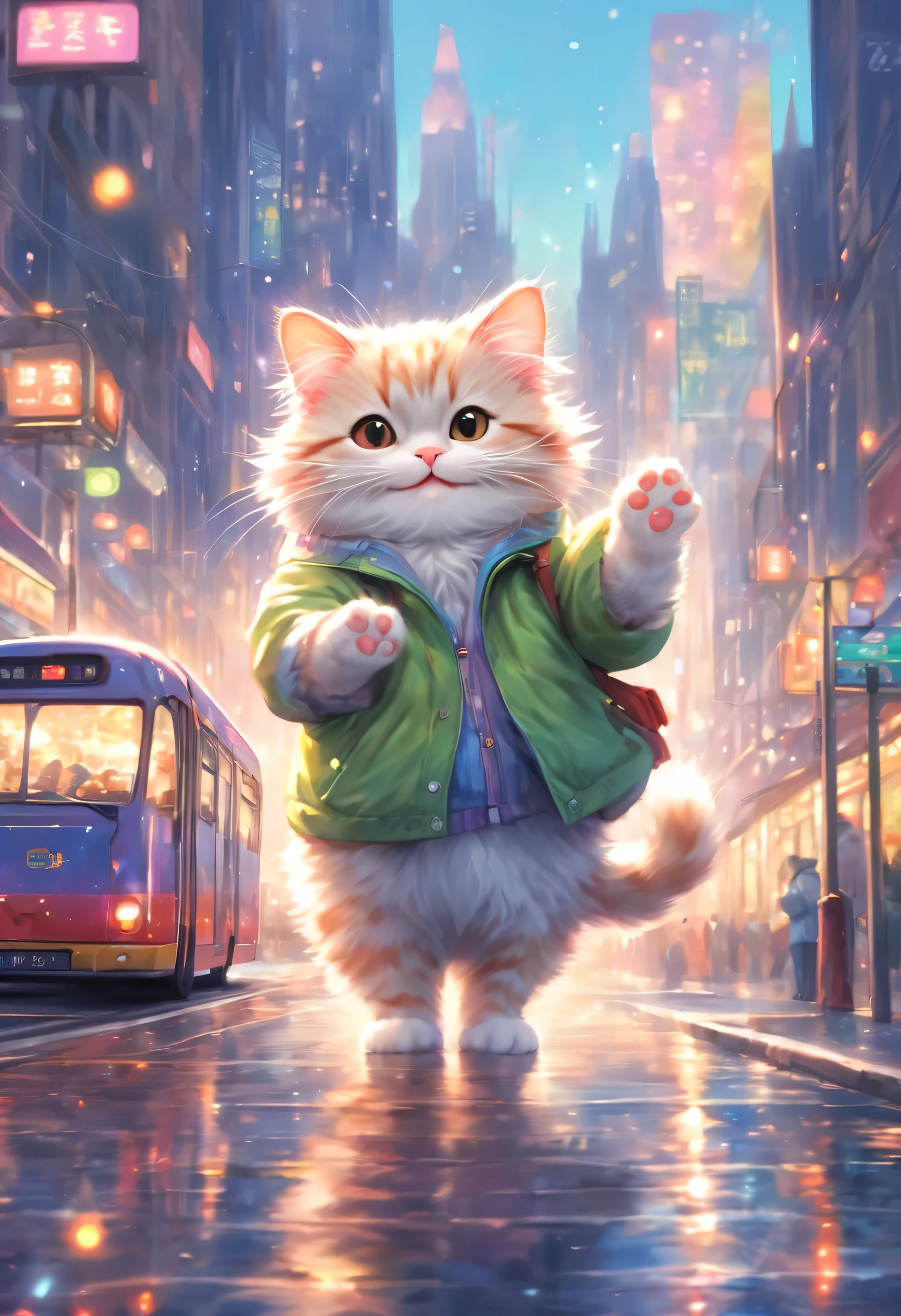 anthropomorphic cat,minuet,bus stop,See timetable,cute,fluffy fur,masterpiece,rich colors,highest quality,official art,fantasy,colorful,Happy,smile,最高にcute猫,fluffy cat,I'm looking forward to,happiness,nice background,stylish cityscape,fun outing,fun waiting time,Sparkling,beautiful light and shadow,raise your hand