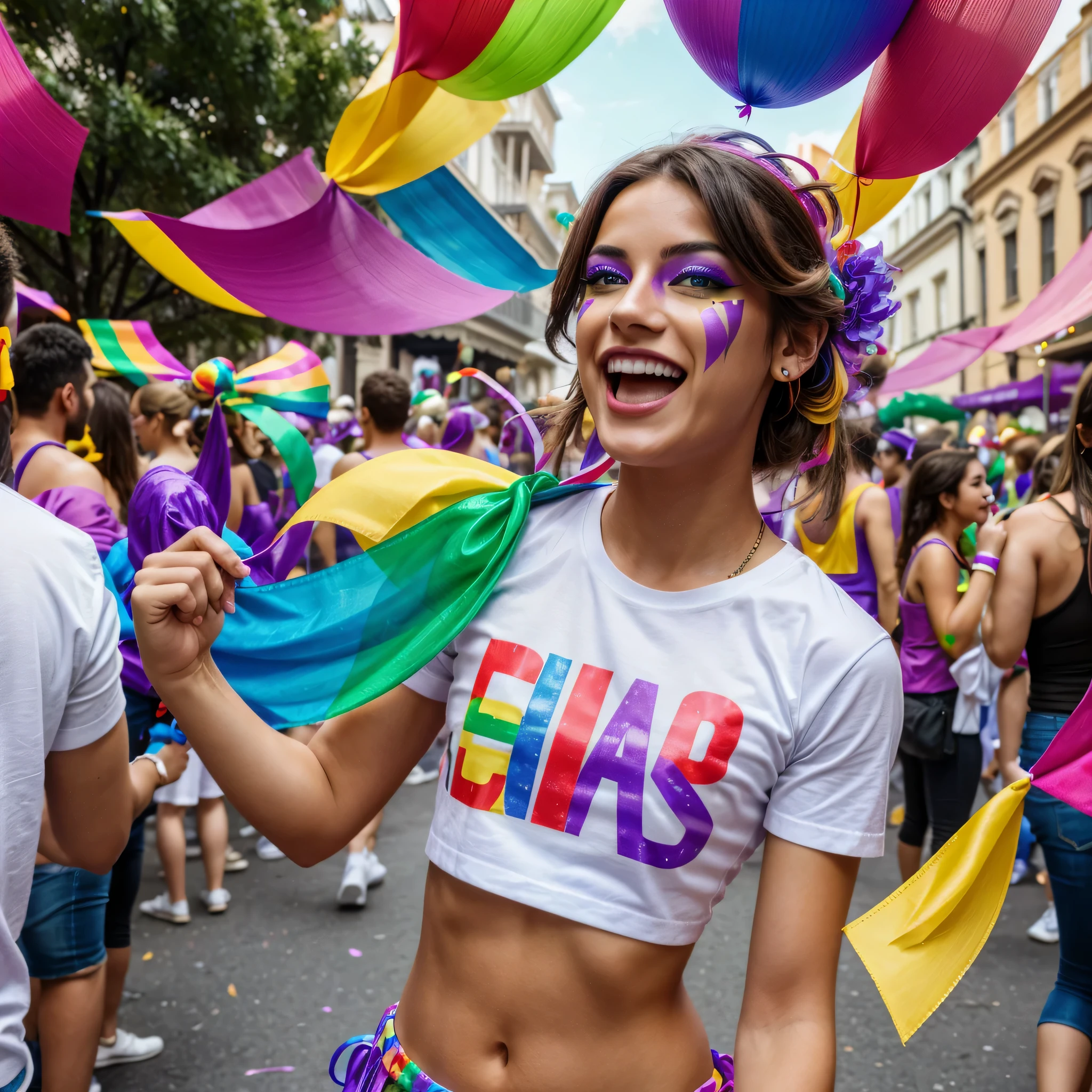 Hyperrealistic image. A person having fun at a street party called mardi gras wearing colorful make-up and a white T-shirt. Ribbons and colored paper falling.