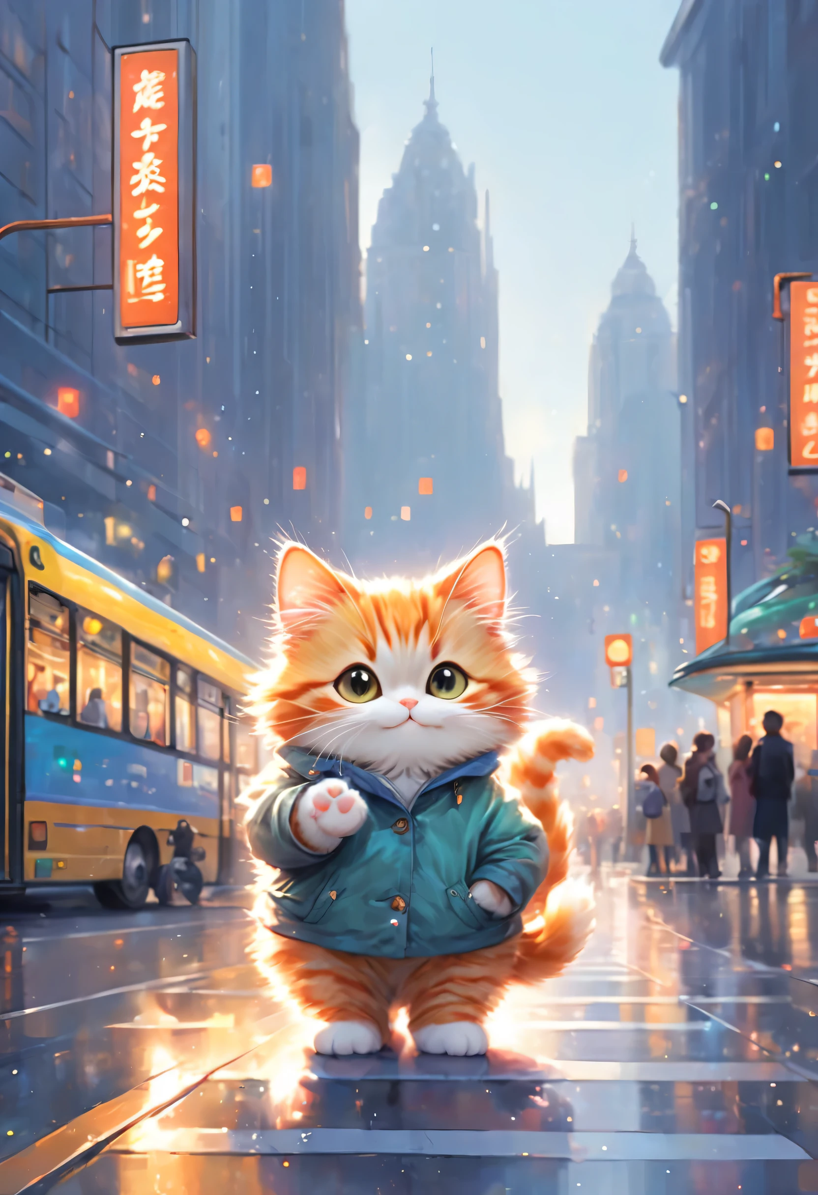 anthropomorphic cat,minuet,bus stop,See timetable,cute,fluffy fur,masterpiece,rich colors,highest quality,official art,fantasy,colorful,Happy,smile,最高にcute猫,fluffy cat,I'm looking forward to,happiness,nice background,stylish cityscape,fun outing,fun waiting time,Sparkling,beautiful light and shadow,raise your hand