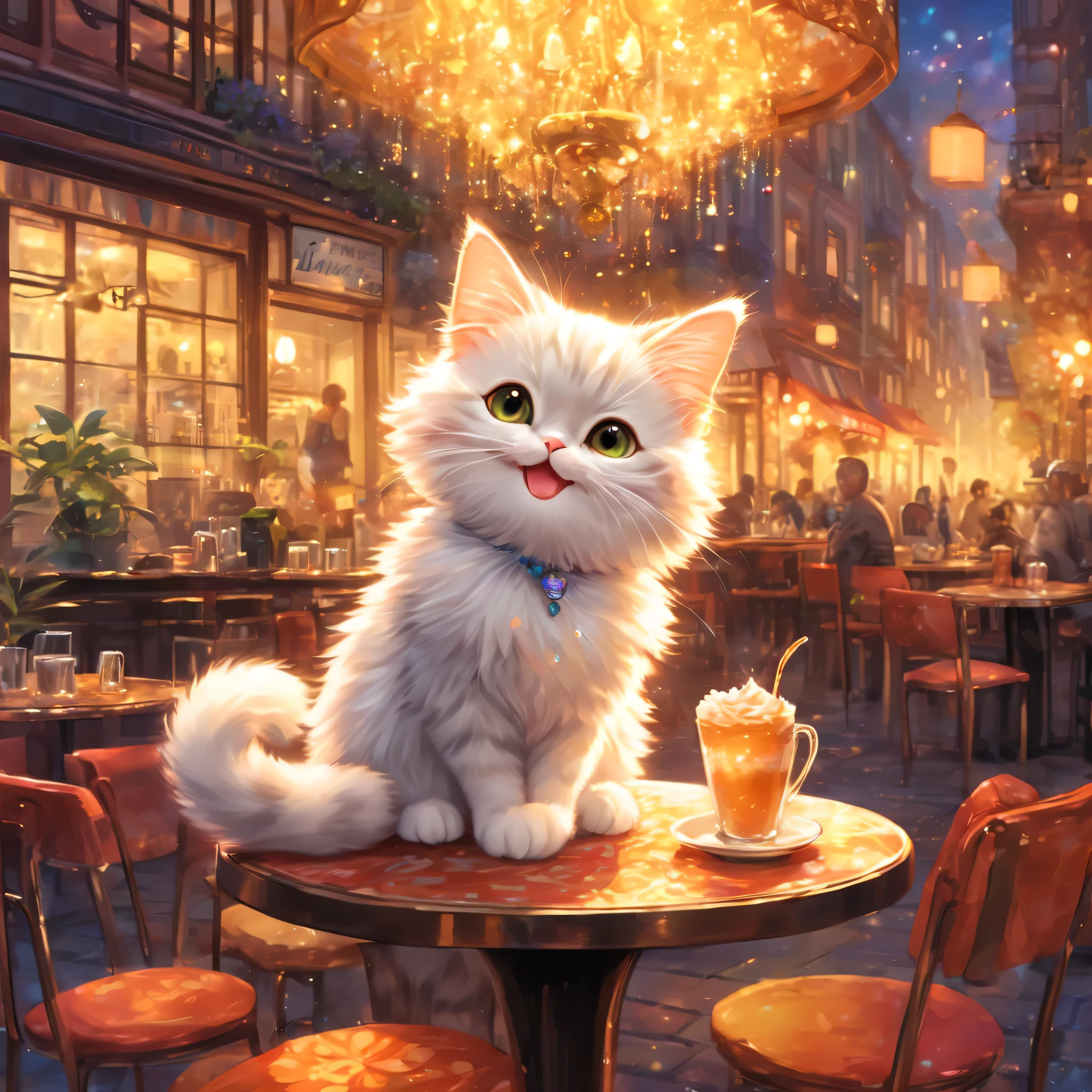 anthropomorphic cat,minuet,Cafe,warm interior,cute,fluffy fur,masterpiece,rich colors,highest quality,official art,fantasy,colorful,Happy,smile,最高にcute猫,fluffy cat,I&#39;m looking forward to,happiness,nice background,stylish cityscape,fun outing,fun waiting time,Sparkling,beautiful light and shadow,look out