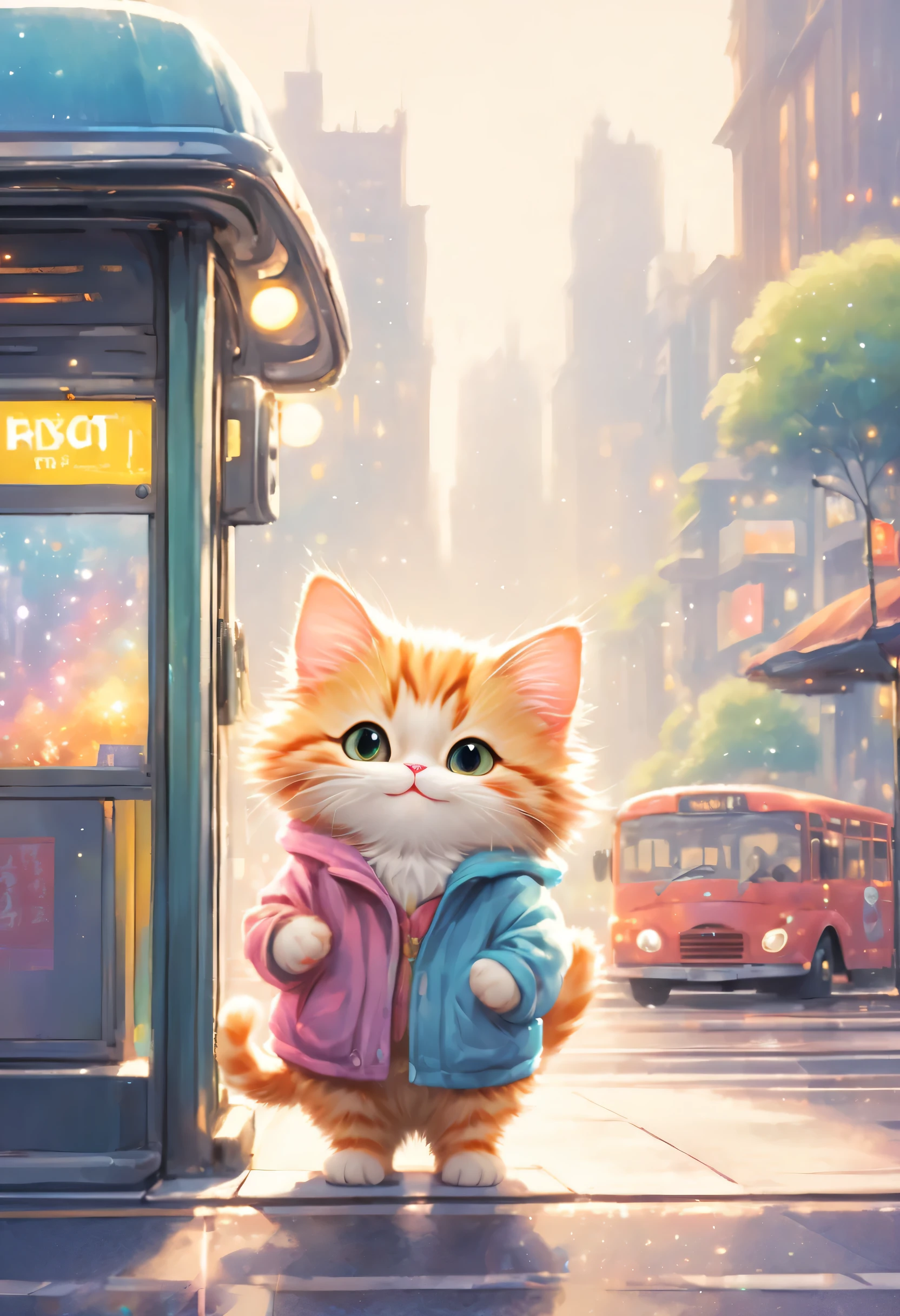 anthropomorphic cat,minuet,bus stop,See timetable,cute,fluffy fur,masterpiece,rich colors,highest quality,official art,fantasy,colorful,Happy,smile,最高にcute猫,fluffy cat,I&#39;m looking forward to,happiness,nice background,stylish cityscape,fun outing,fun waiting time,Sparkling,beautiful light and shadow,