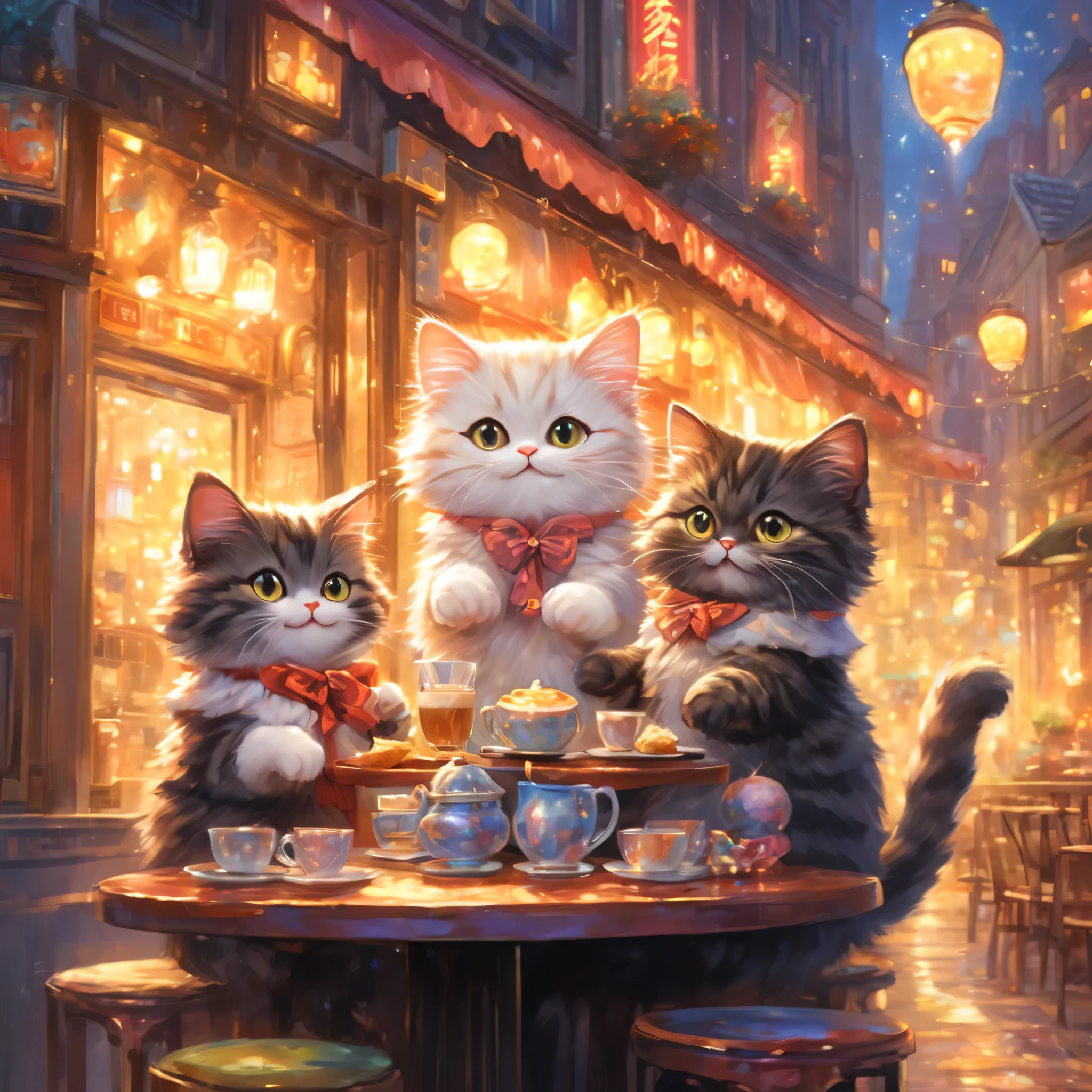 anthropomorphic cat,minuet,Cafe,warm interior,cute,fluffy fur,masterpiece,rich colors,highest quality,official art,fantasy,colorful,Happy,smile,最高にcute猫,fluffy cat,I&#39;m looking forward to,happiness,nice background,stylish cityscape,fun outing,fun waiting time,Sparkling,beautiful light and shadow,