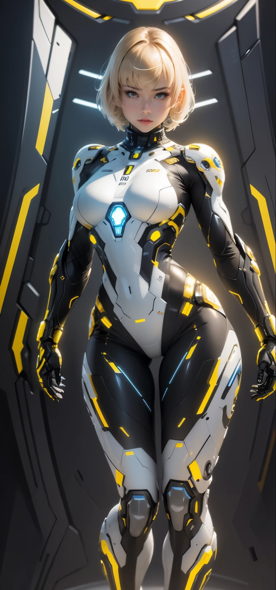 Beautiful cybernetic girl looking at camera full body suit ,sci fi suit ,detailed muscles realistic masterpiece,Active Pose、action pose、LED Light、Gold Parts、bangs、Short Hair、front view、White and black ,head to thigh ,torso