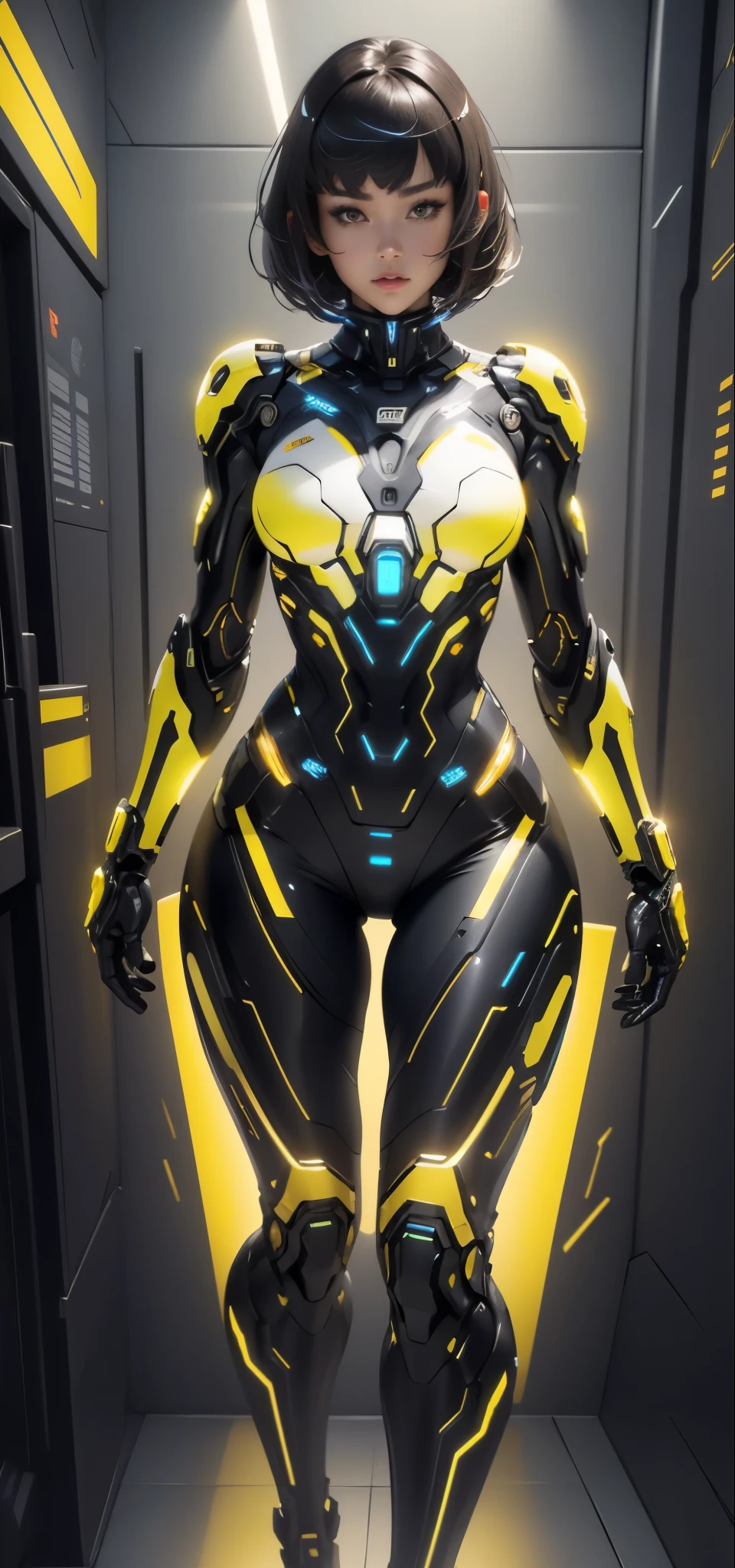 photograph, hyperrealistic 3d render,  robot woman, plugsuit, ultra  yellow scifi, rocketpunk,galactic gothic, starship engineer, full body, wearing  plugsuit<lora:EnvyMechaGirlXL01:1>