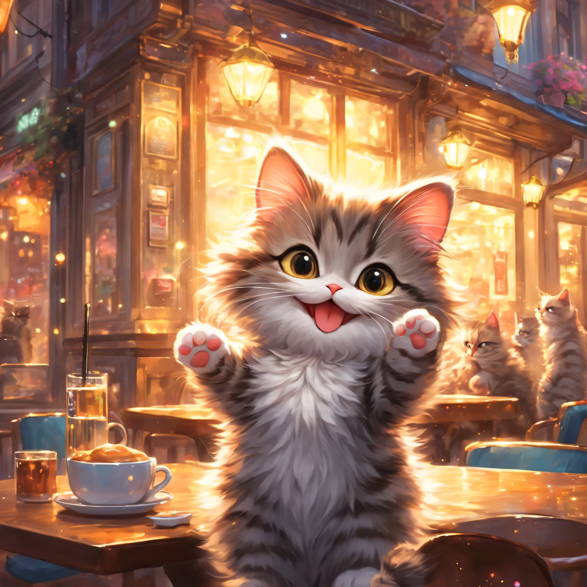 anthropomorphic cat,minuet,Cafe,warm interior,cute,fluffy fur,masterpiece,rich colors,highest quality,official art,fantasy,colorful,Happy,smile,最高にcute猫,fluffy cat,I&#39;m looking forward to,happiness,nice background,stylish cityscape,fun outing,fun waiting time,Sparkling,beautiful light and shadow,