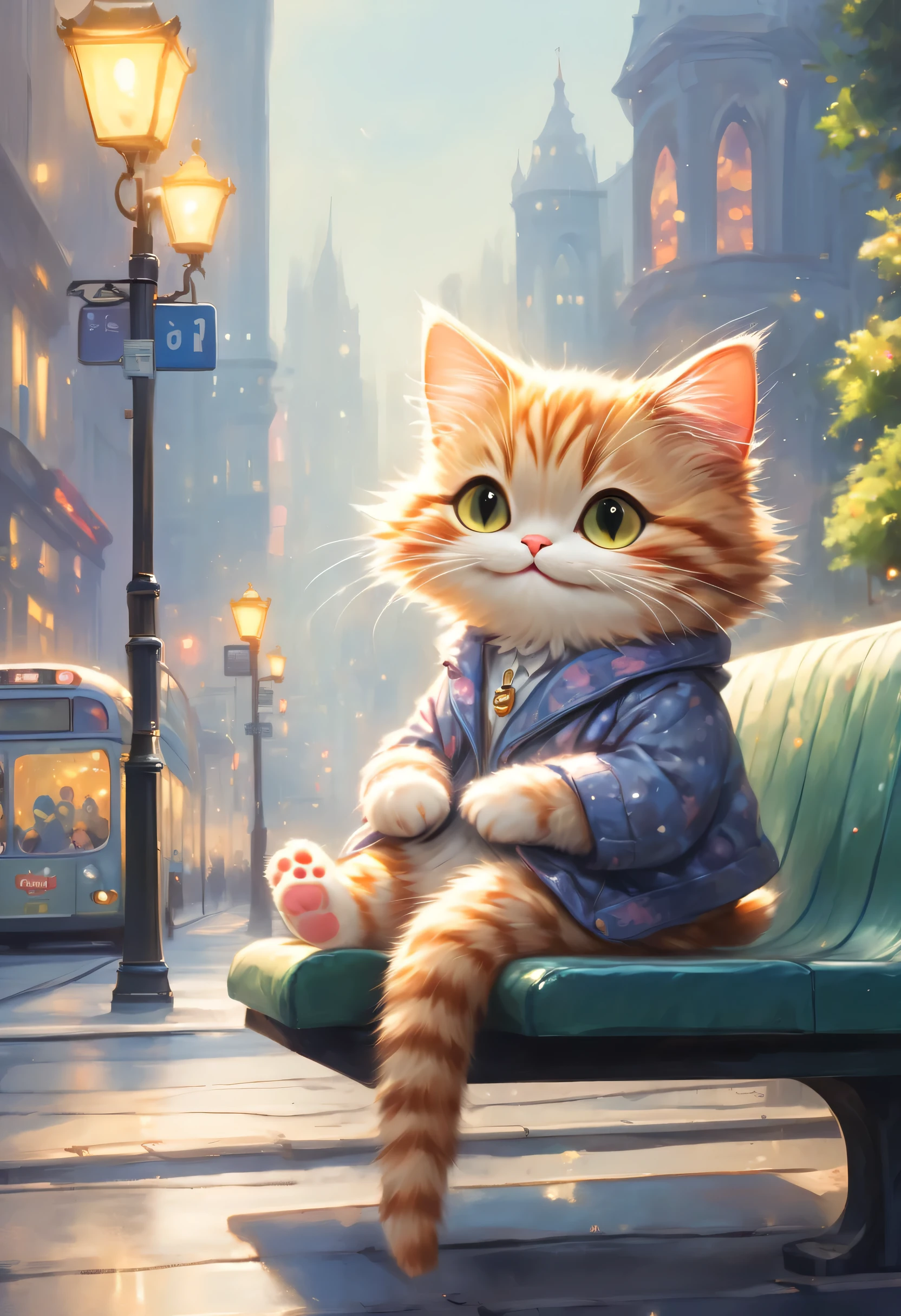 anthropomorphic cat,minuet,bus stop,sit on a bench,sleeved,cute,fluffy fur,masterpiece,rich colors,highest quality,official art,fantasy,colorful,Happy,smile,最高にcute猫,fluffy cat,I&#39;m looking forward to,happiness,nice background,stylish cityscape,fun outing,fun waiting time,Sparkling,beautiful light and shadow,