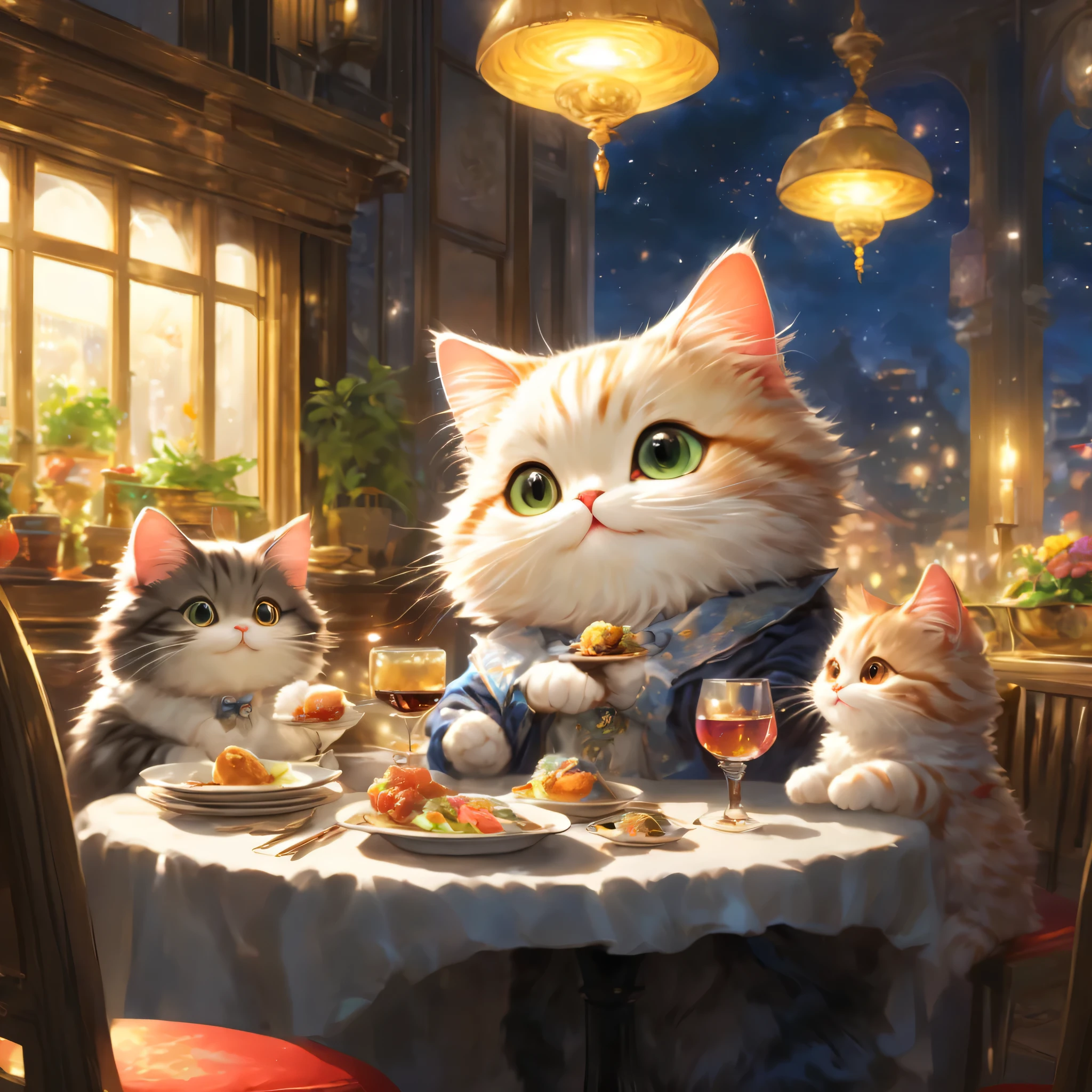 anthropomorphic cat,minuet,ダイニングtable,tableの前で待っています,cute,fluffy fur,masterpiece,rich colors,highest quality,official art,fantasy,colorful,((nothing is placed))table,restaurant,Happy,smile,最高にcute猫,fluffy cat,I'm looking forward to,happiness,nice background,お洒落なrestaurant,Is there still food??,fun waiting time,Sparkling,beautiful light and shadow,