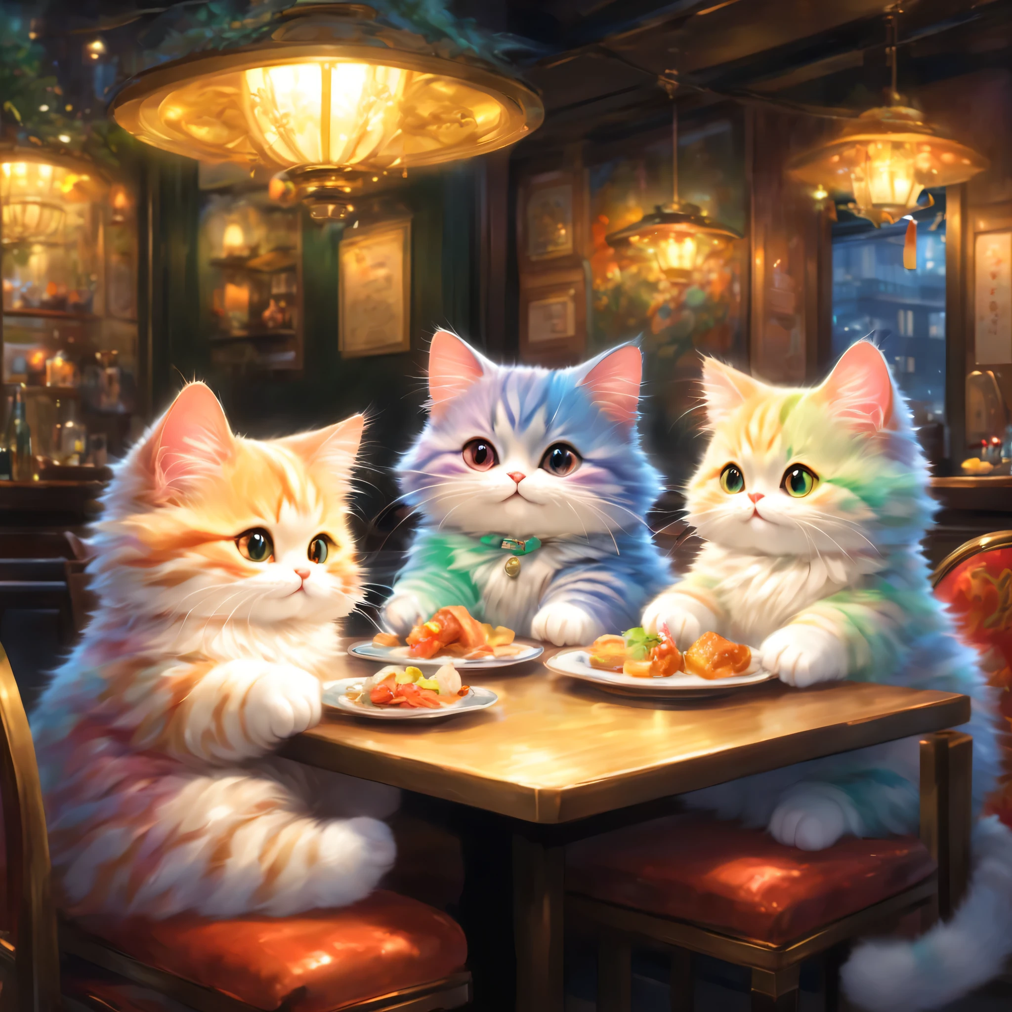anthropomorphic cat,minuet,ダイニングtable,tableの前で待っています,cute,fluffy fur,masterpiece,rich colors,highest quality,official art,fantasy,colorful,((nothing is placed))table,restaurant,Happy,smile,最高にcute猫,fluffy cat,I'm looking forward to,happiness,nice background,お洒落なrestaurant,Is there still food??,fun waiting time,Sparkling,beautiful light and shadow,