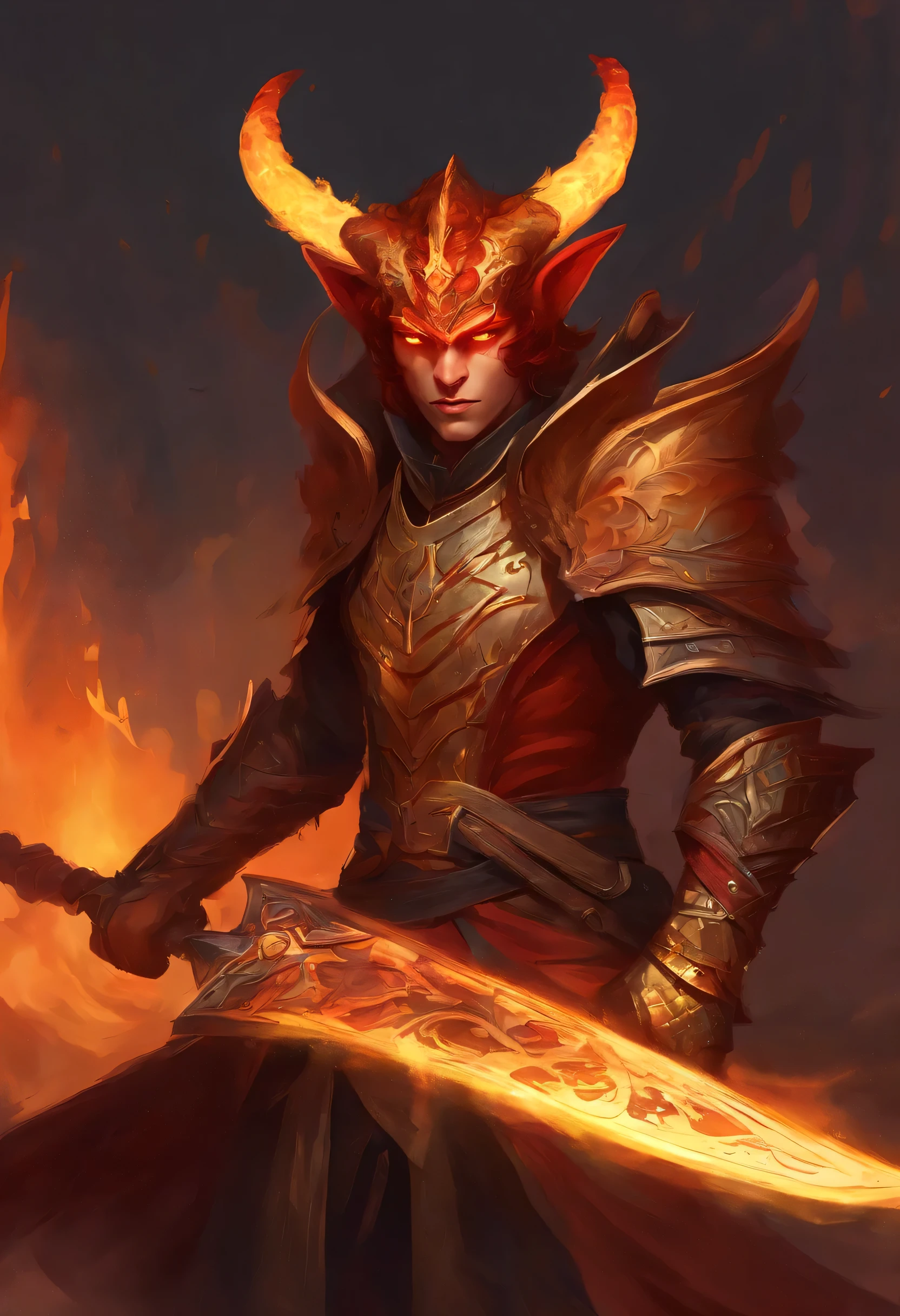 Create an image of a male Tiefling character, inspired by Dungeons and Dragons. The character must have light red skin and be physically beautiful. His hair is long and vibrant red, with golden tips. The character's eyes are captivating, being yellow with black pupils.

Dress the character in stylish red armor, with silver and gold details that harmoniously match his look. Armor should be impressive and highlight the Tiefling's unique appearance.

Furthermore, the character must hold a long sword engulfed in flames, creating an intense and powerful atmosphere around him. Make sure to capture the dynamics of the dancing flames on the sword's blade.

Ensure that the result is a male character that embodies all the characteristics and details mentioned.