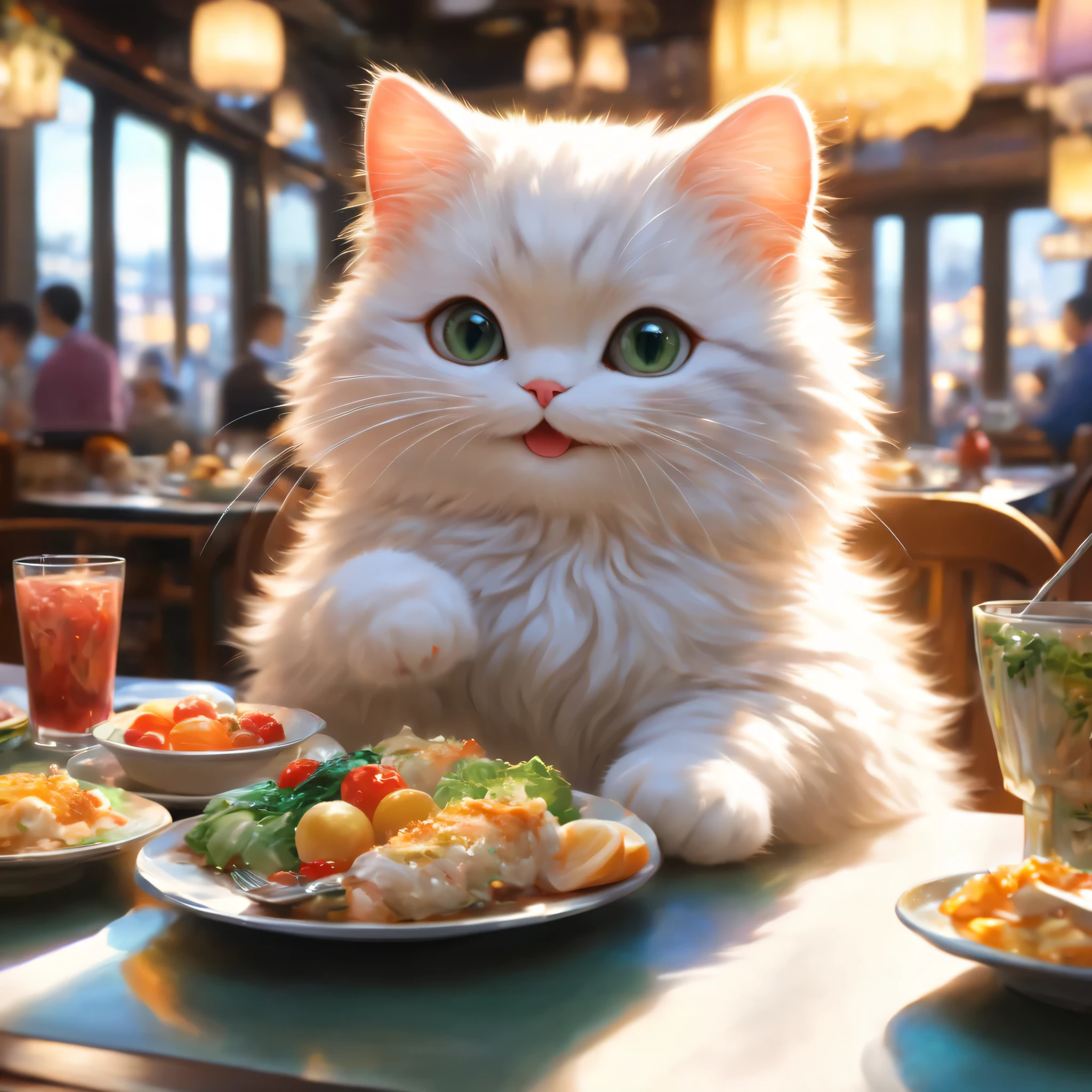 anthropomorphic cat,minuet,ダイニングtable,tableの前で待っています,cute,fluffy fur,masterpiece,rich colors,highest quality,official art,fantasy,colorful,((nothing is placed))table,restaurant,Happy,smile,最高にcute猫,fluffy cat,I'm looking forward to,happiness,nice background,お洒落なrestaurant,Is there still food??,fun waiting time,Sparkling,beautiful light and shadow,