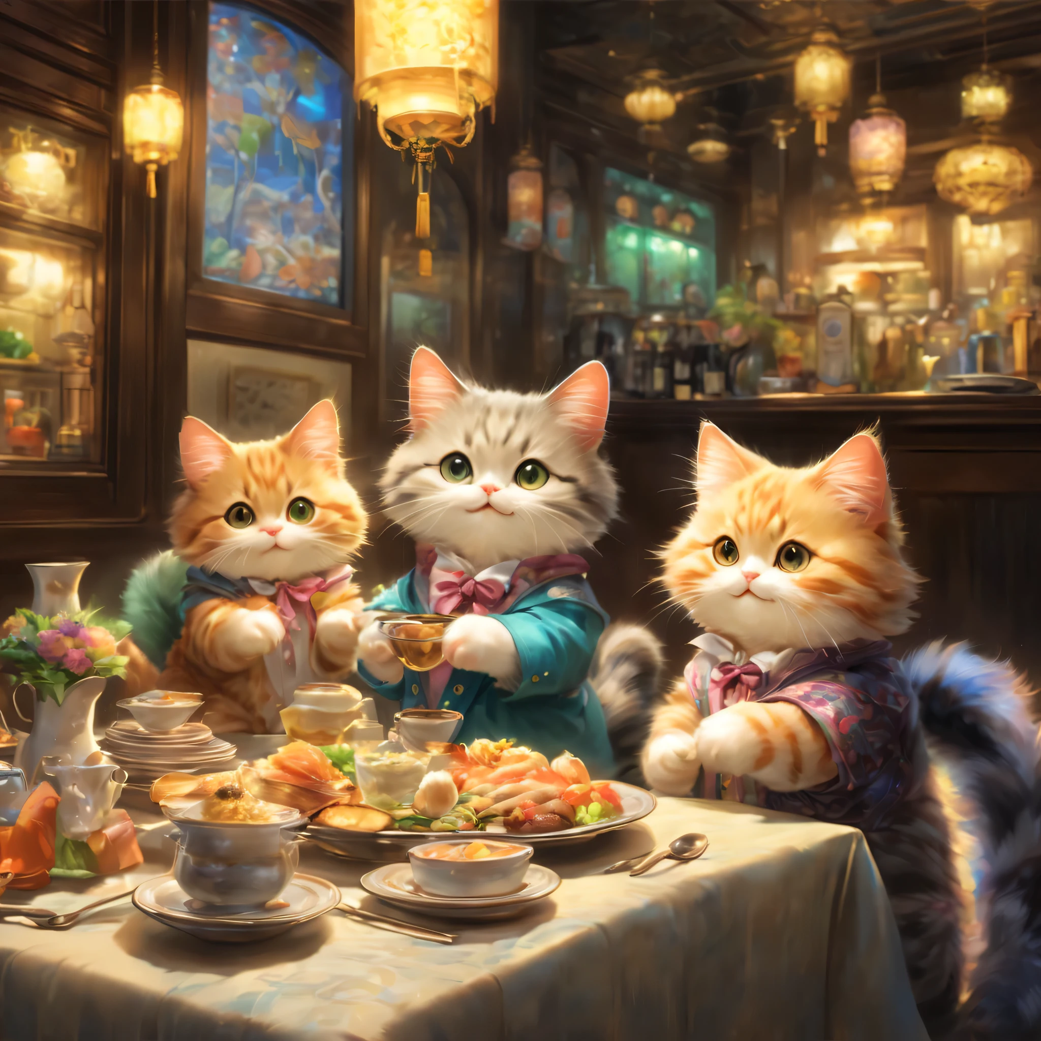 anthropomorphic cat,minuet,ダイニングtable,tableの前で待っています,cute,fluffy fur,masterpiece,rich colors,highest quality,official art,fantasy,colorful,((nothing is placed))table,restaurant,Happy,smile,最高にcute猫,fluffy cat,I&#39;m looking forward to,happiness,nice background,お洒落なrestaurant,Is there still food??,fun waiting time,Sparkling,beautiful light and shadow,