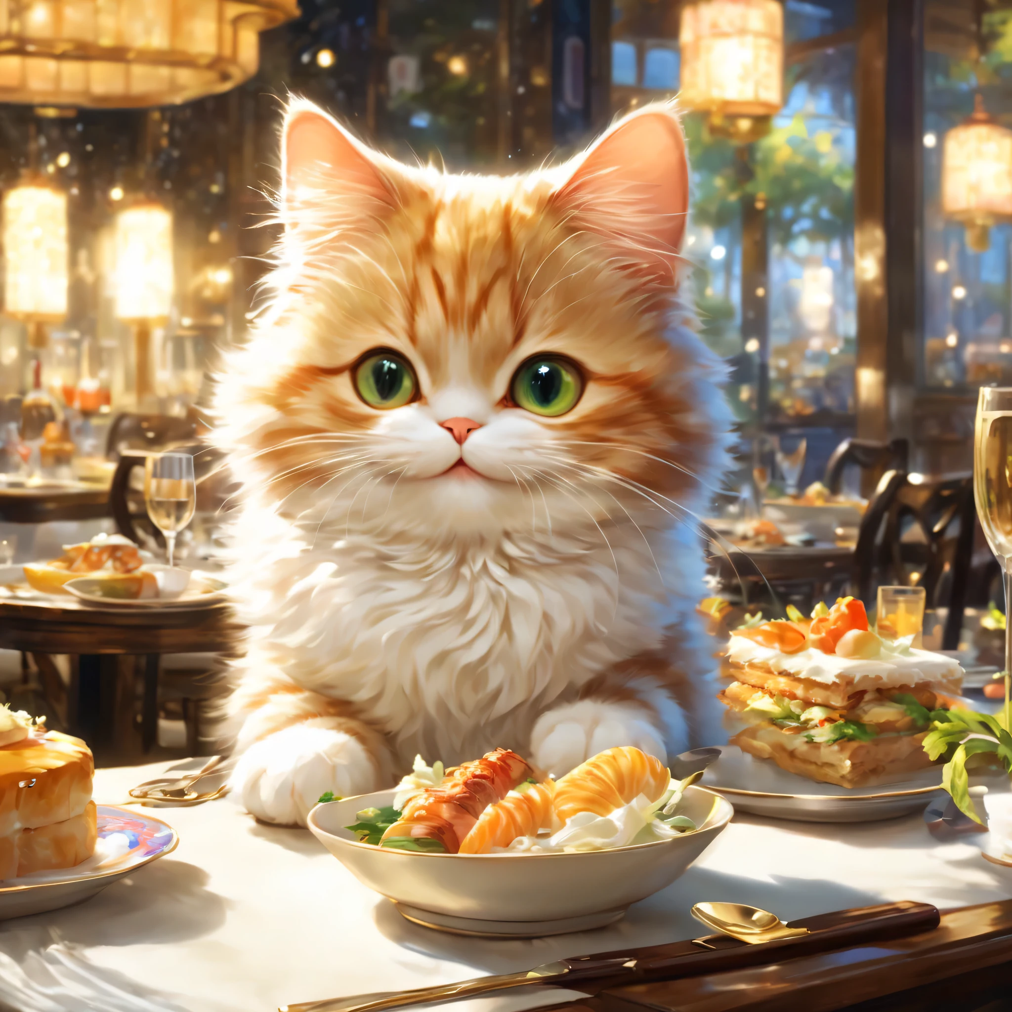 anthropomorphic cat,minuet,ダイニングtable,White napkins,tableの前で待っています,cute,fluffy fur,masterpiece,rich colors,highest quality,official art,fantasy,colorful,((nothing is placed))table,restaurant,Happy,smile,最高にcute猫,fluffy cat,I'm looking forward to,happiness,nice background,お洒落なrestaurant,Is there still food??,fun waiting time,Sparkling,beautiful light and shadow,