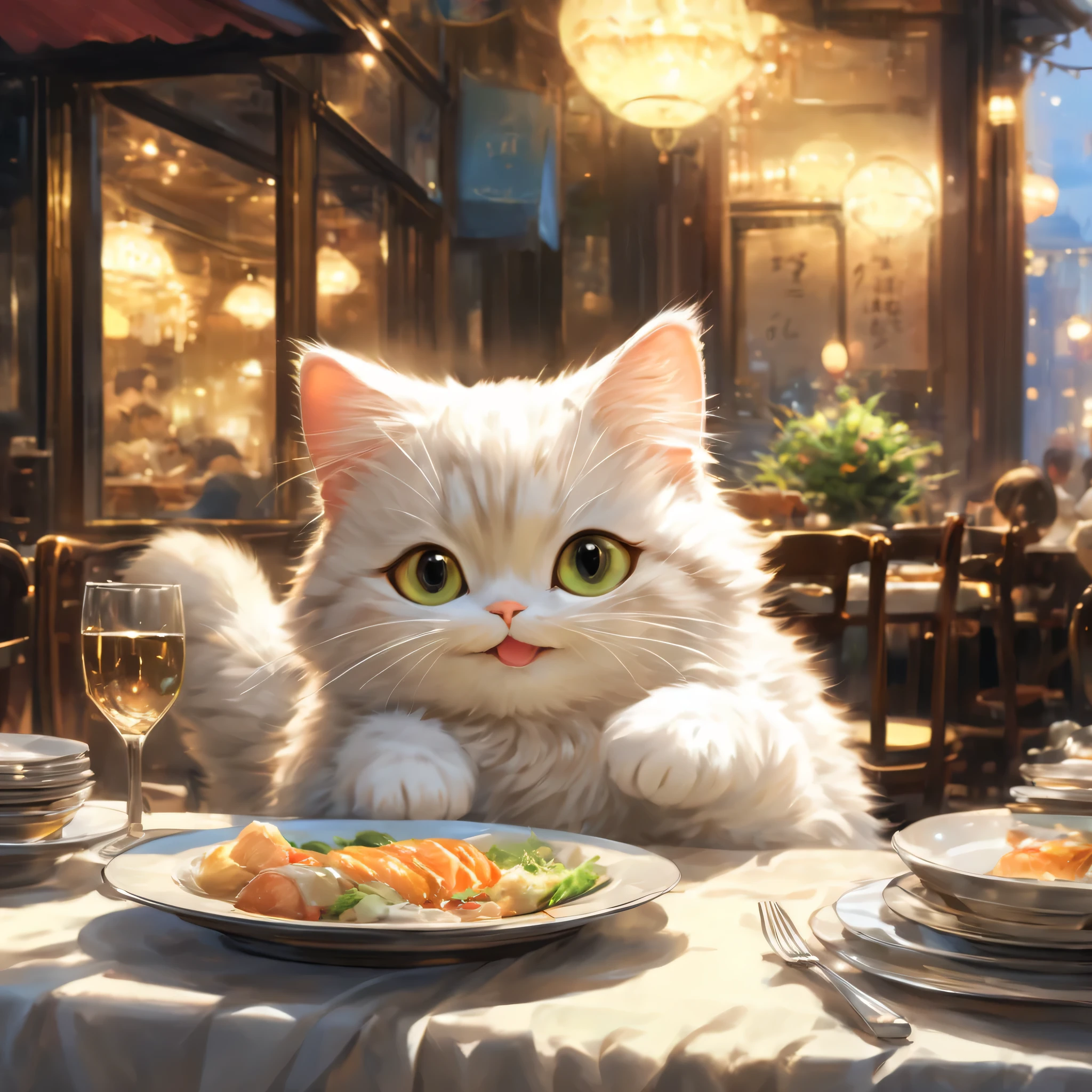 anthropomorphic cat,minuet,ダイニングtable,white napkin for meals,I'm waiting in front of the table,cute,fluffy fur,masterpiece,rich colors,highest quality,official art,fantasy,colorful,((nothing is placed))table,restaurant,Happy,smile,最高にcute猫,fluffy cat,I'm looking forward to,happiness,nice background,お洒落なrestaurant,I wonder if we have food yet?,fun waiting time,Sparkling,beautiful light and shadow,