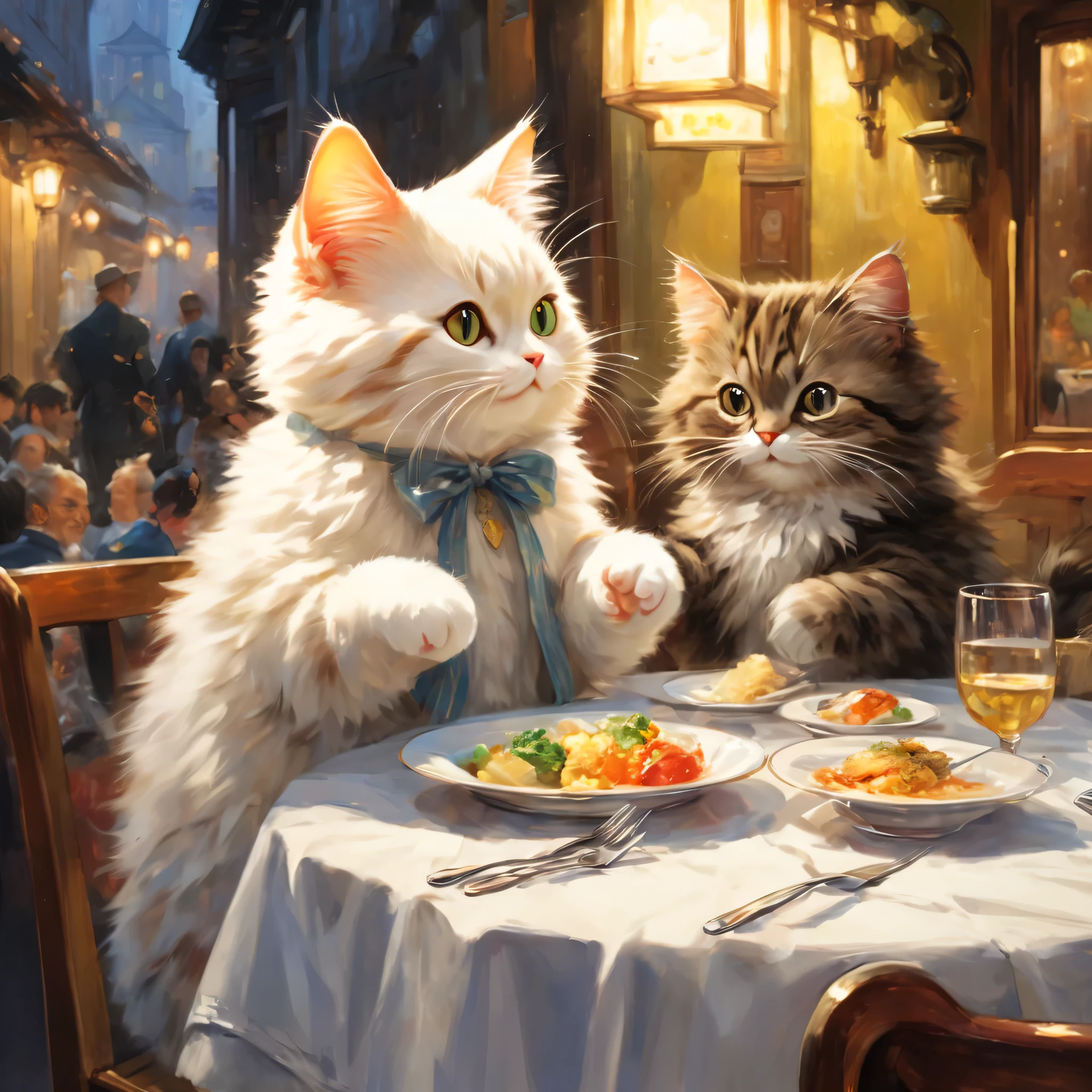 anthropomorphic cat,minuet,ダイニングtable,Holding a fork and knife in each hand,white napkin for meals,I'm waiting in front of the table,cute,fluffy fur,masterpiece,rich colors,highest quality,official art,fantasy,colorful,((nothing is placed))table,restaurant,Happy,smile,最高にcute猫,fluffy cat,I'm looking forward to,happiness,nice background,お洒落なrestaurant,I wonder if we have food yet?,fun waiting time,Sparkling,beautiful light and shadow,