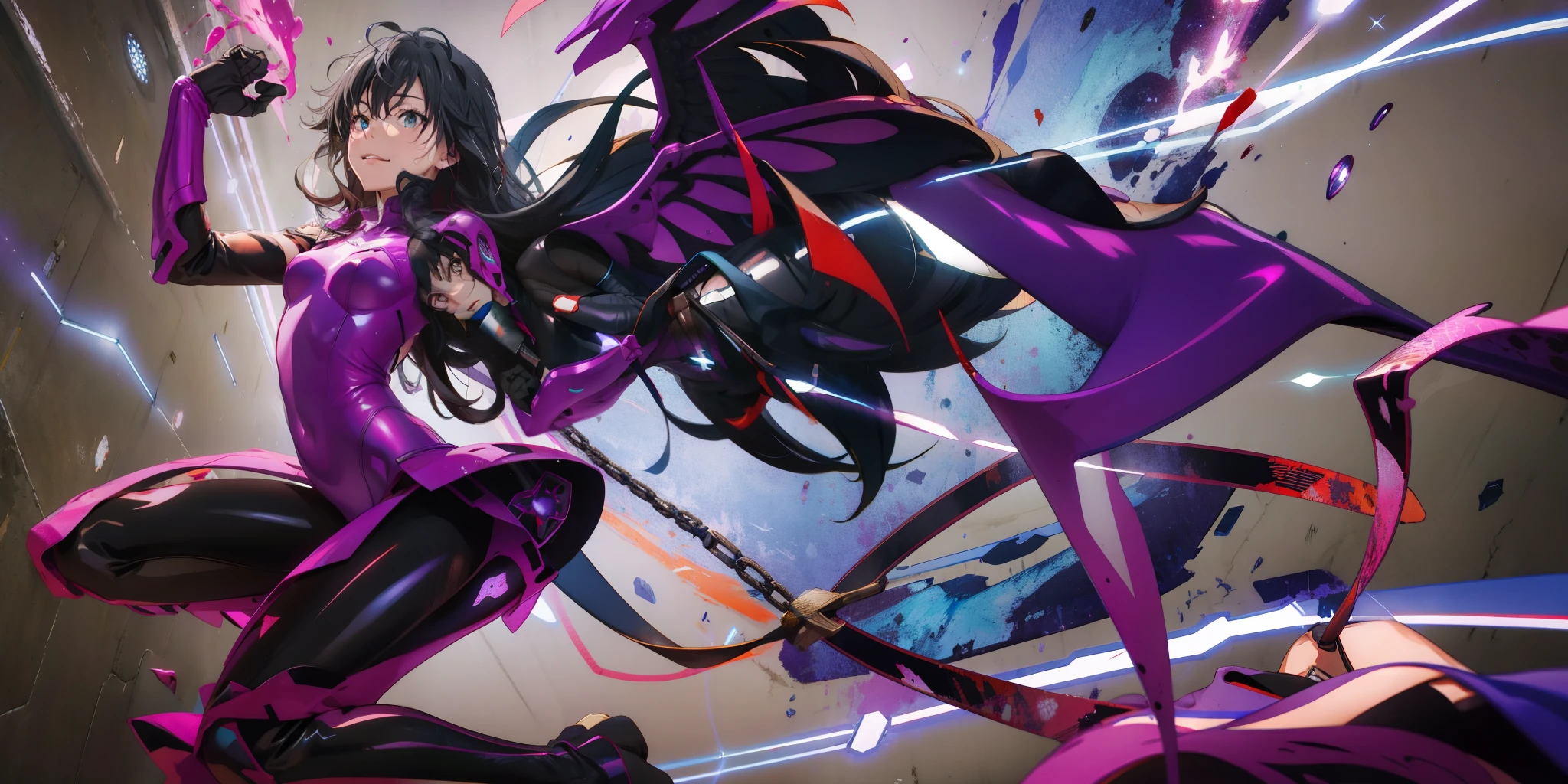 yukinoshita yukino, atomically correct, best quality, masterpiece, high quality, high details, highres, HD, (shaded face:1.2), hollow eyes, grey eyes, looking at viewer, heavy breathing, smirk, upper teeth, black hair, long hair, large breasts, 1girl, , armor, breasts, grey_background, wings, purple_eyes, bodysuit, gloves, medium_breasts