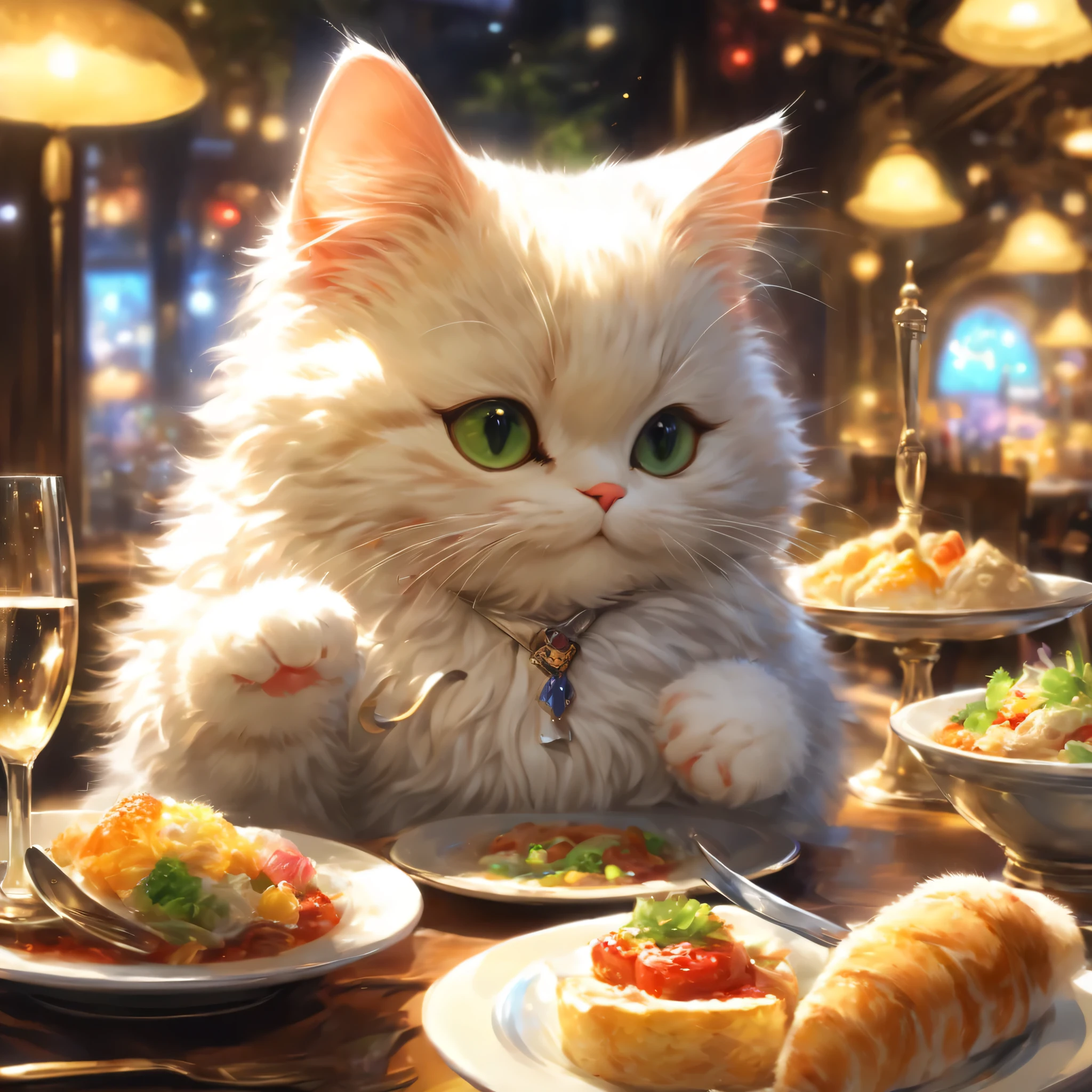 anthropomorphic cat,minuet,ダイニングtable,Holding a fork and knife in each hand,white napkin for meals,I&#39;m waiting in front of the table,cute,fluffy fur,masterpiece,rich colors,highest quality,official art,fantasy,colorful,((nothing is placed))table,restaurant,Happy,smile,最高にcute猫,fluffy cat,I&#39;m looking forward to,happiness,nice background,お洒落なrestaurant,I wonder if we have food yet?,fun waiting time,Sparkling,beautiful light and shadow,