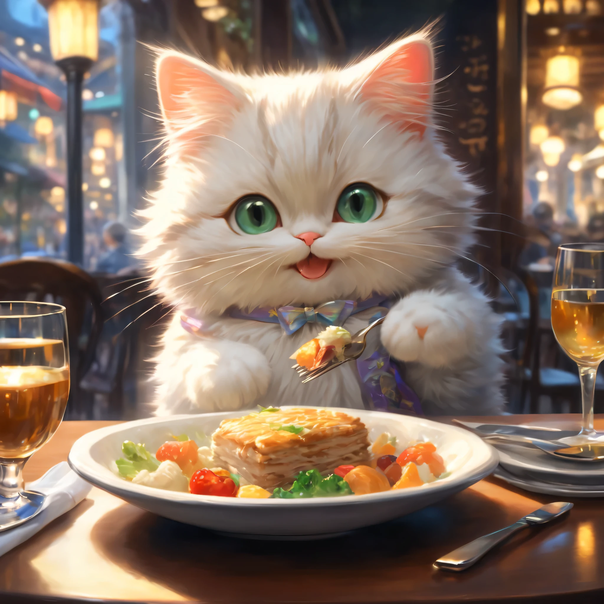 anthropomorphic cat,minuet,ダイニングtable,Holding a fork and knife in each hand,white napkin for meals,I'm waiting in front of the table,cute,fluffy fur,masterpiece,rich colors,highest quality,official art,fantasy,colorful,((nothing is placed))table,restaurant,Happy,smile,最高にcute猫,fluffy cat,I'm looking forward to,happiness,nice background,お洒落なrestaurant,I wonder if we have food yet?,fun waiting time,Sparkling,beautiful light and shadow,