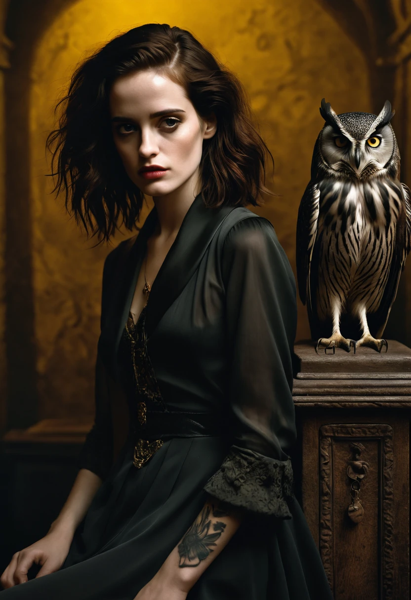 Helmut Newton and Jan Saudek style photo shoot with a dark fantasy bias, young Eva Green as Hermione Granger with black owl, clothing only tattoos , lots of details, filled with sexuality, surrounding darkness, monochrome plus yellow, atmospheric and dramatic lighting of light shades in dark key, perfect composition aligned with golden ratio, , 8K resolution, photorealistic concept art, perfect composition, beautiful detailed intricate insanely detailed octane render trending on artstation,  artistic photography, photorealistic concept art, soft natural volumetric cinematic perfect light, chiaroscuro, award - winning photograph, masterpiece,