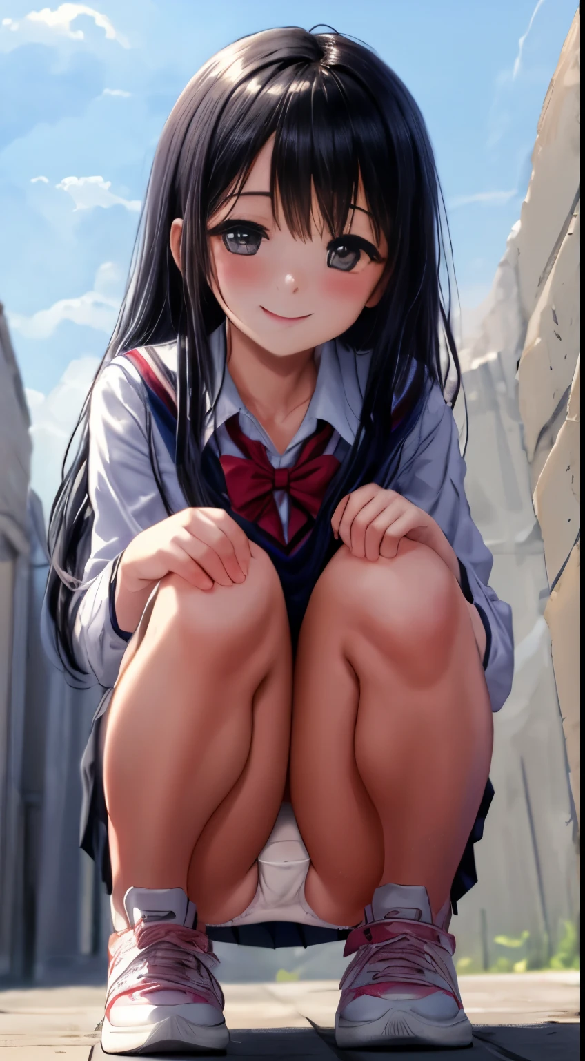 Wearing sneakers、white panties、full color、(muste piece、 best quality:1.2)、High resolution、high resolution、In 8K、real live action、Raw photo、highest quality、masterpiece、 extremely delicate、High definition raw color photo、professional photography、 wonderful face and eyes、超High resolution、Raw photo、beautiful、beautiful、beautiful girl、(solo:1.2)、 black hair、、blush、smile、flat 、 school uniform、view audience、squat、(Crouching panty shot:1.2)、fully exposed panties、blush、shy smile、outdoor、outside of home、Obscene content、pornography、high school girl