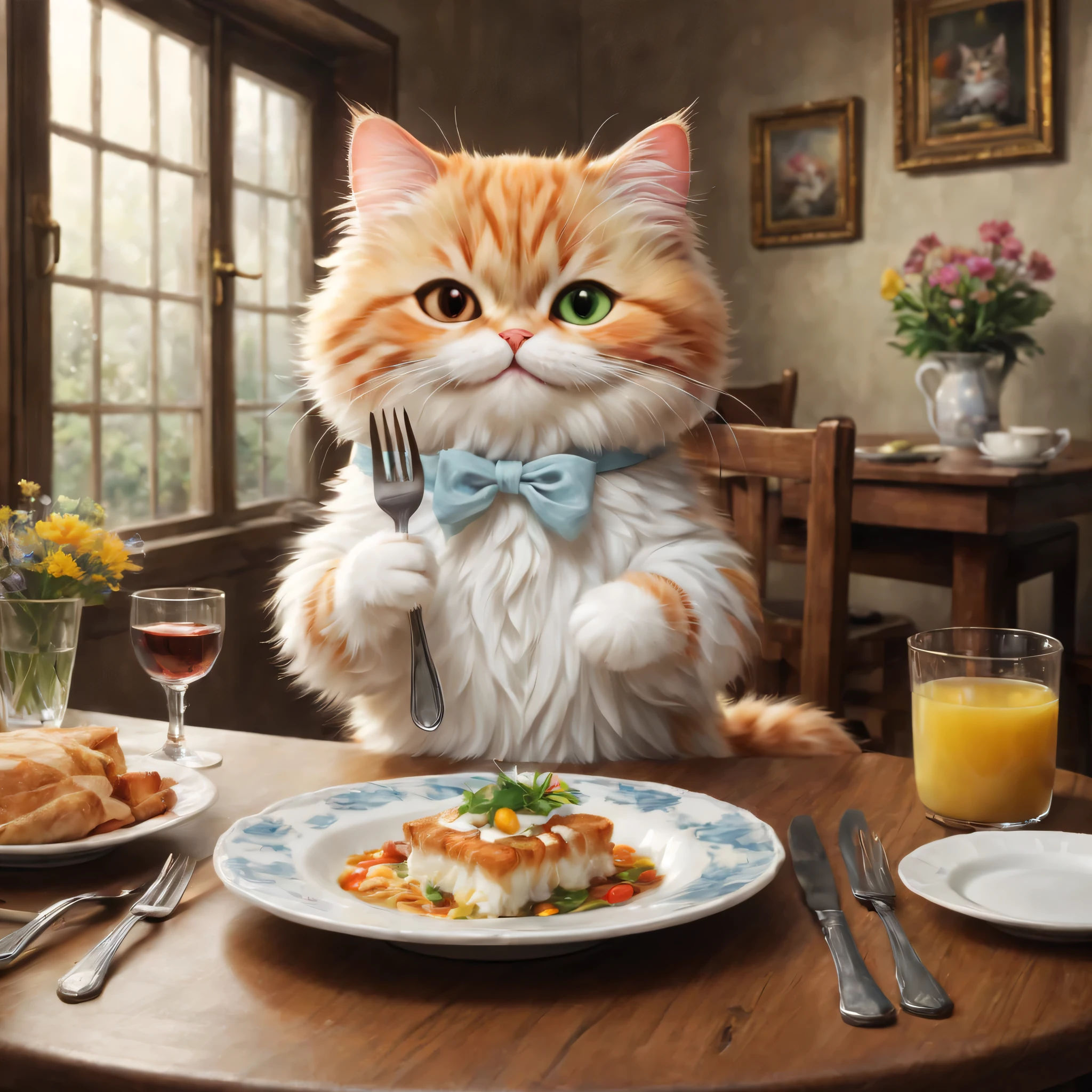 anthropomorphic cat,minuet,dining table,Holding a fork and knife in each hand,white napkin for meals,dining tableの前で料理が来るのを待っています,cute,fluffy fur,masterpiece,rich colors,highest quality,official art,fantasy,colorful,Empty table,restaurant,Happy,smile,最高にcute猫,fluffy cat