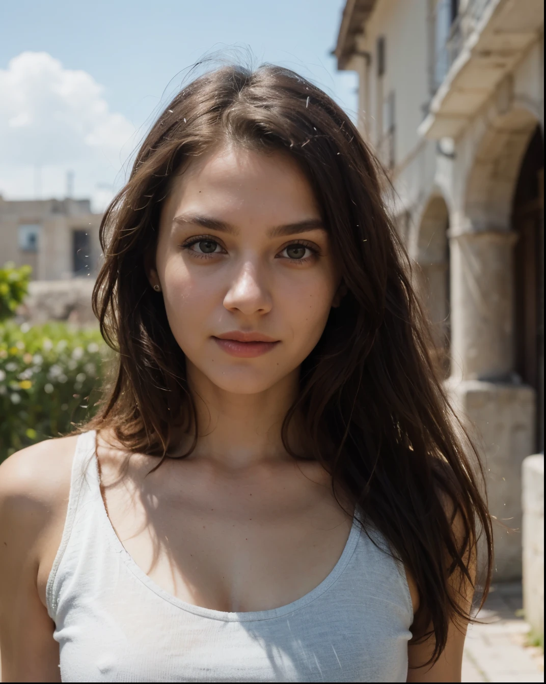Cute beautiful sexy European light-green-eyed brunette, 22 years old,
seductive look in eyes, girl is white top, blue shirt, jeans, castle ruins, full body shot, walking, sardonic look in eyes,
innocent face, face-length 1.3 times the face-width, almond-shaped eyes, squared face-shape, high cheekbones, naturally wavy hair, light-green eyes, high-res, masterpiece, best quality, intricate details, very detailed, sharp focus, detailed skin, realistic skin texture, texture, detailed eyes, professional, 4k, charming smile, shot with Canon, depth of field, Kodak Vision color, perfectly fitting body, extremely detailed, photo_\( ultra\), photorealistic, realistic, post processing, maximum details, roughness, real life, ultrarealistic, photorealism, photography, 8k UHD, photography