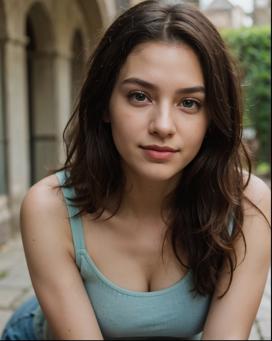 Cute beautiful sexy European light-green-eyed brunette, 22 years old, 


seductive look in eyes, girl is white top, blue shirt, jeans, castle ruins, full body shot, walking, sardonic smile,

innocent face, face-length 1.3 times the face-width, almond-shaped eyes, squared face-shape, high cheekbones, naturally wavy hair, light-green eyes, high-res, masterpiece, best quality, intricate details, very detailed, sharp focus, detailed skin, realistic skin texture, texture, detailed eyes, professional, 4k, charming smile, shot with Canon, depth of field, Kodak Vision color, perfectly fitting body, extremely detailed, photo_\( ultra\), photorealistic, realistic, post processing, maximum details, roughness, real life, ultrarealistic, photorealism, photography, 8k UHD, photography
