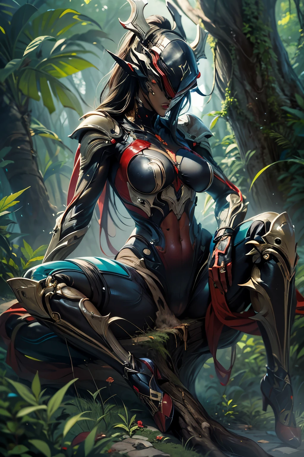 garuda, long hair flowing from back of helmet, (ripped and punctured armor damaged open exposing oiled breasts and body), 
Sitting with back against tree with legs spread looking up directly at viewer with hand extended outward for help, 
 solo, dense cannabis sativa forest background, plentiful stars in sky,  warframe, 
(insanely detailed, masterpiece, best quality) 