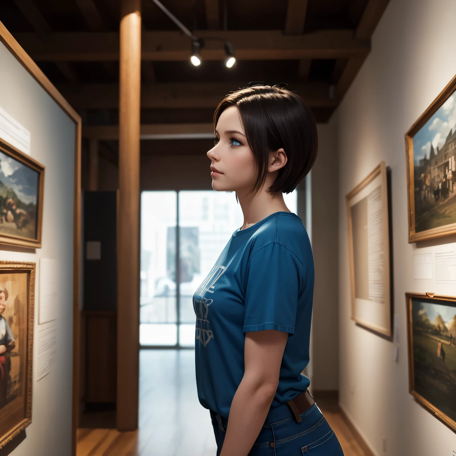 Jill Valentine, blue eyes, short straight hair, cute, jeans and t-shirt, Museum, looking up at diorama, deep in thought, small smile, from the side,