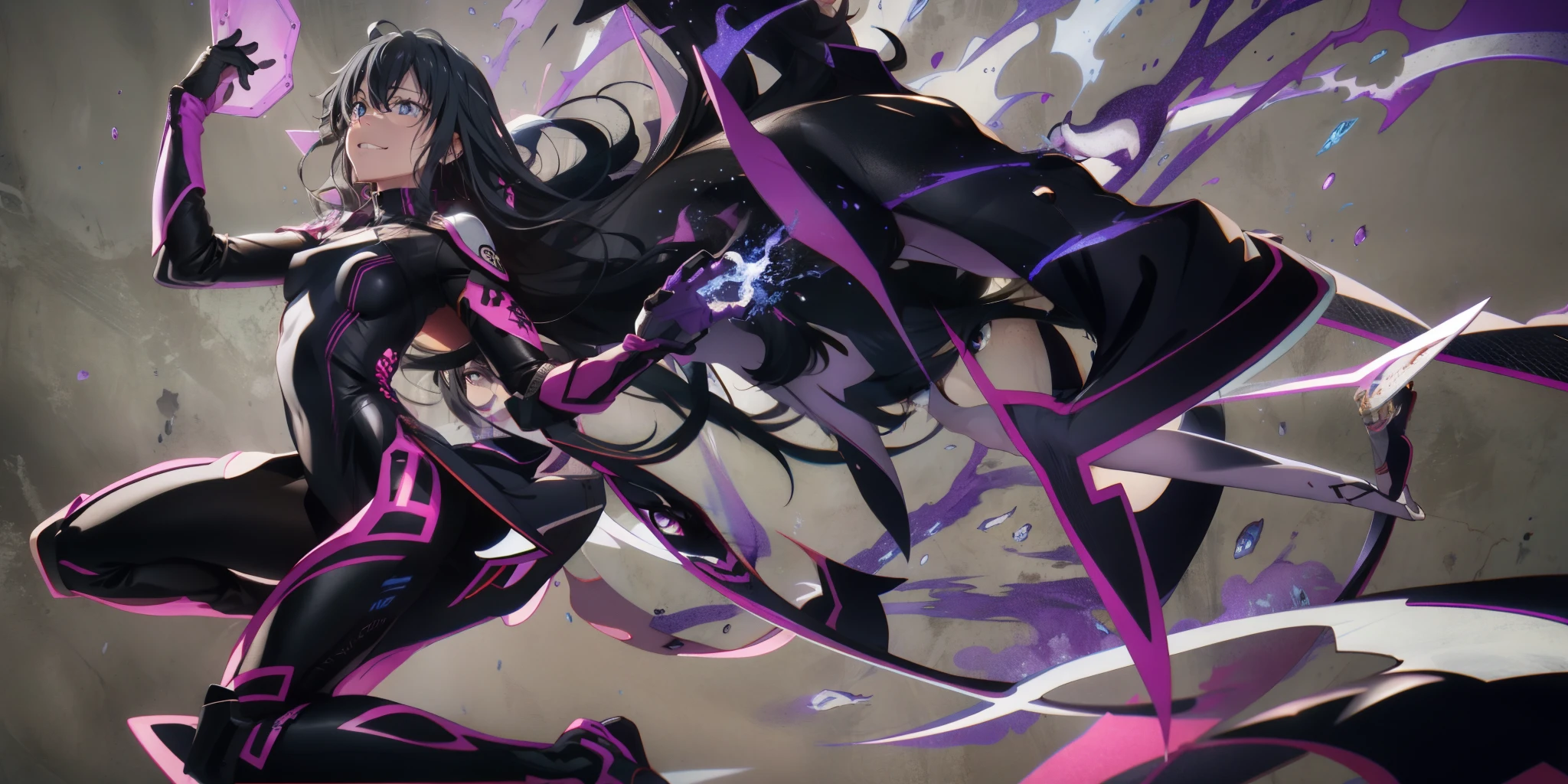 dominique_de_sade, black hair, long hair, yellow eyes, atomically correct, best quality, masterpiece, high quality, high details, highres, HD, (shaded face:1.2), hollow eyes, grey eyes, looking at viewer, heavy breathing, smirk, upper teeth, black hair, long hair, large breasts, 1girl, , armor, breasts, grey_background, wings, purple_eyes, bodysuit, gloves, medium_breasts, forehead, 
